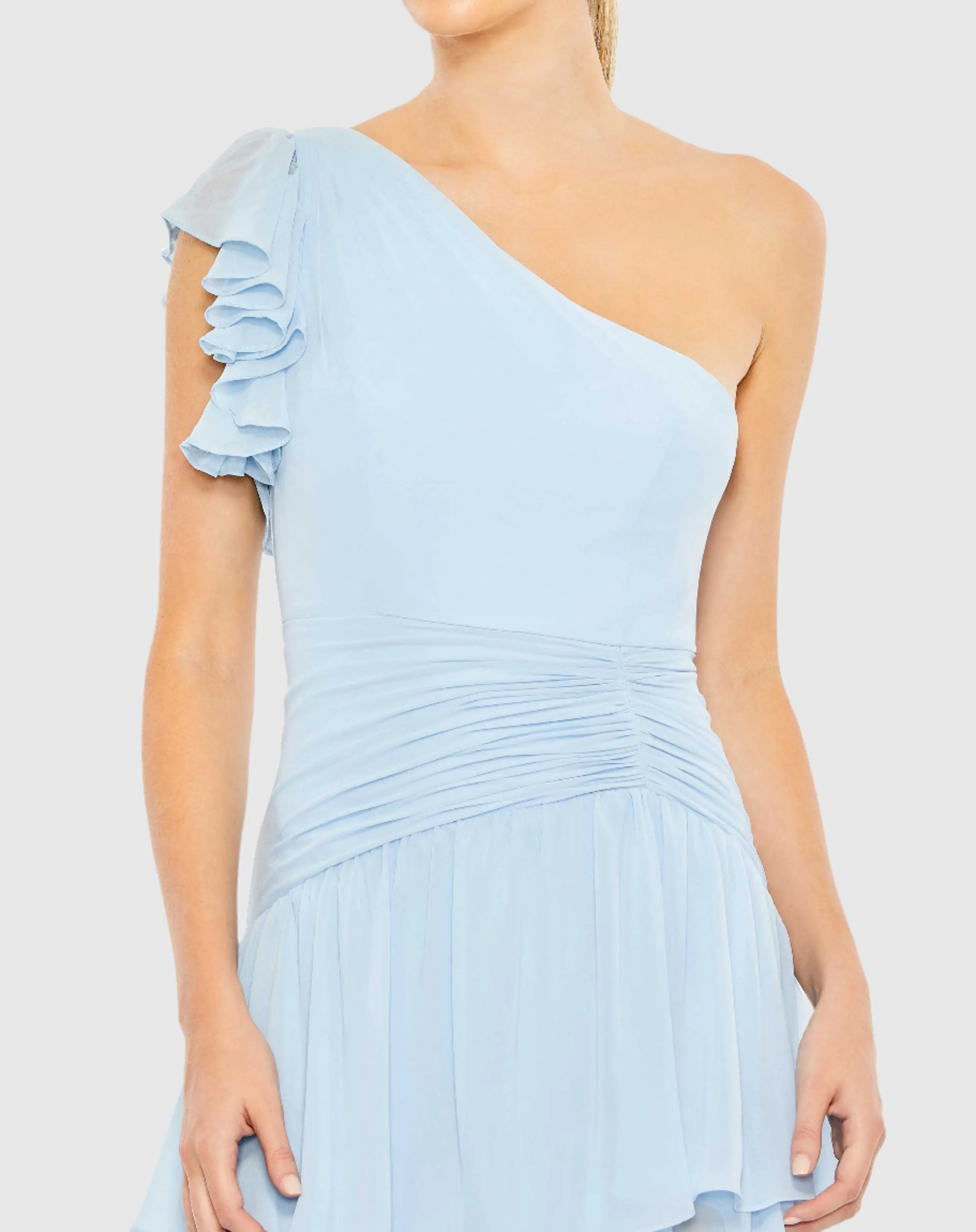 Blue Ruffle Tiered One Flutter Sleeve Gown-Myartka