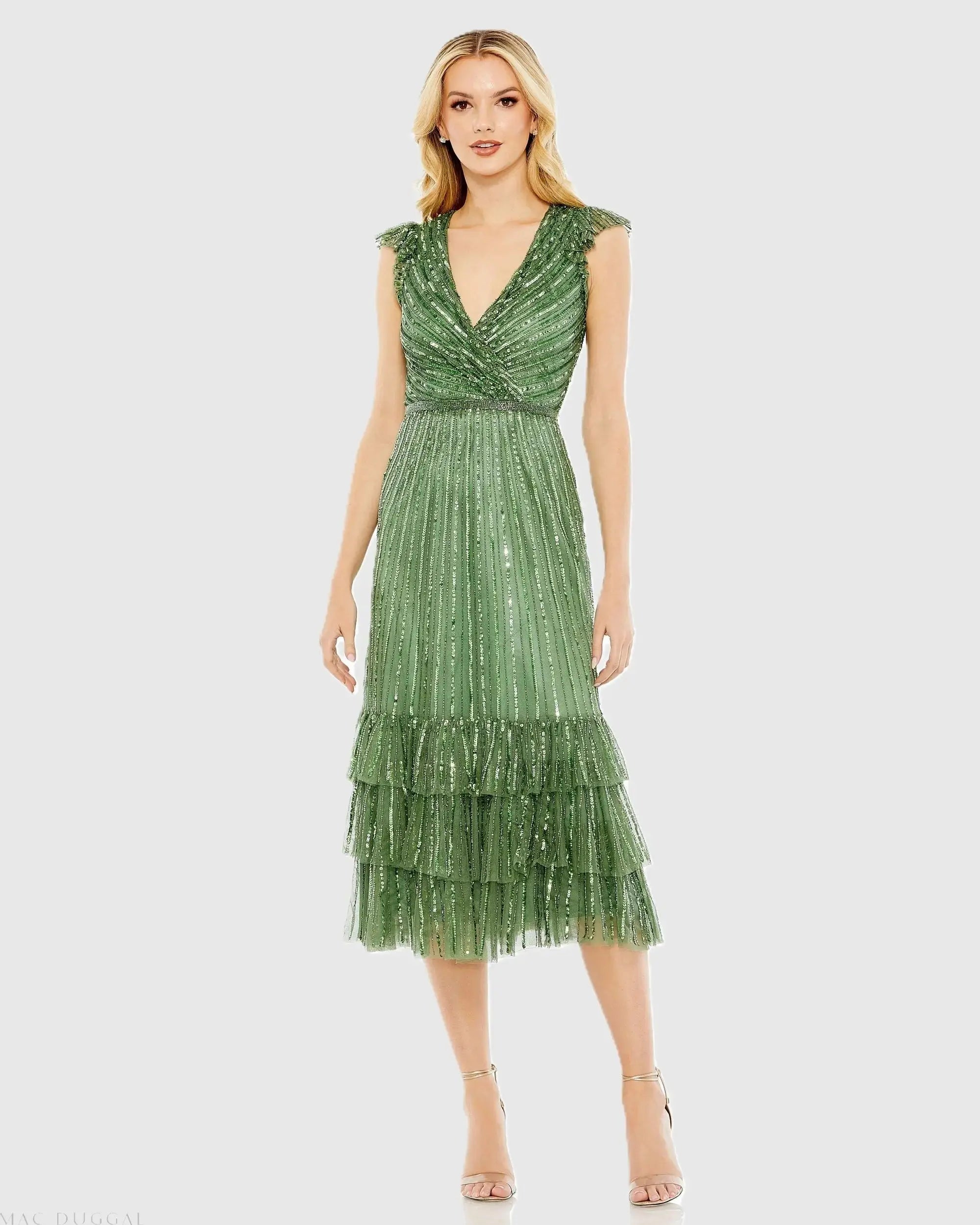Sequined Wrap Over Cap Sleeve Ruffle Hem Dress-Myartka