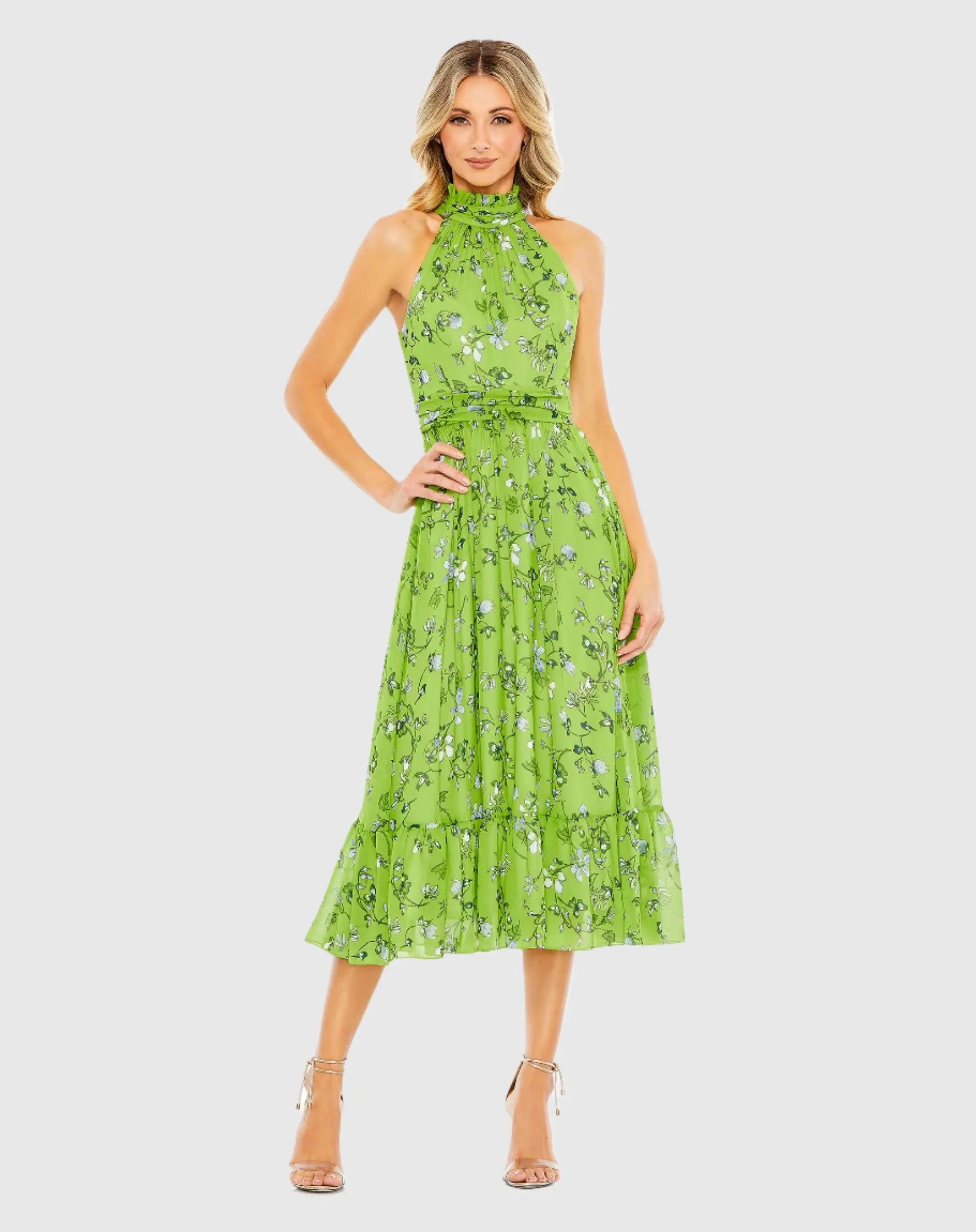 Green Floral Print High-Neck A-Line Midi Dress-Myartka