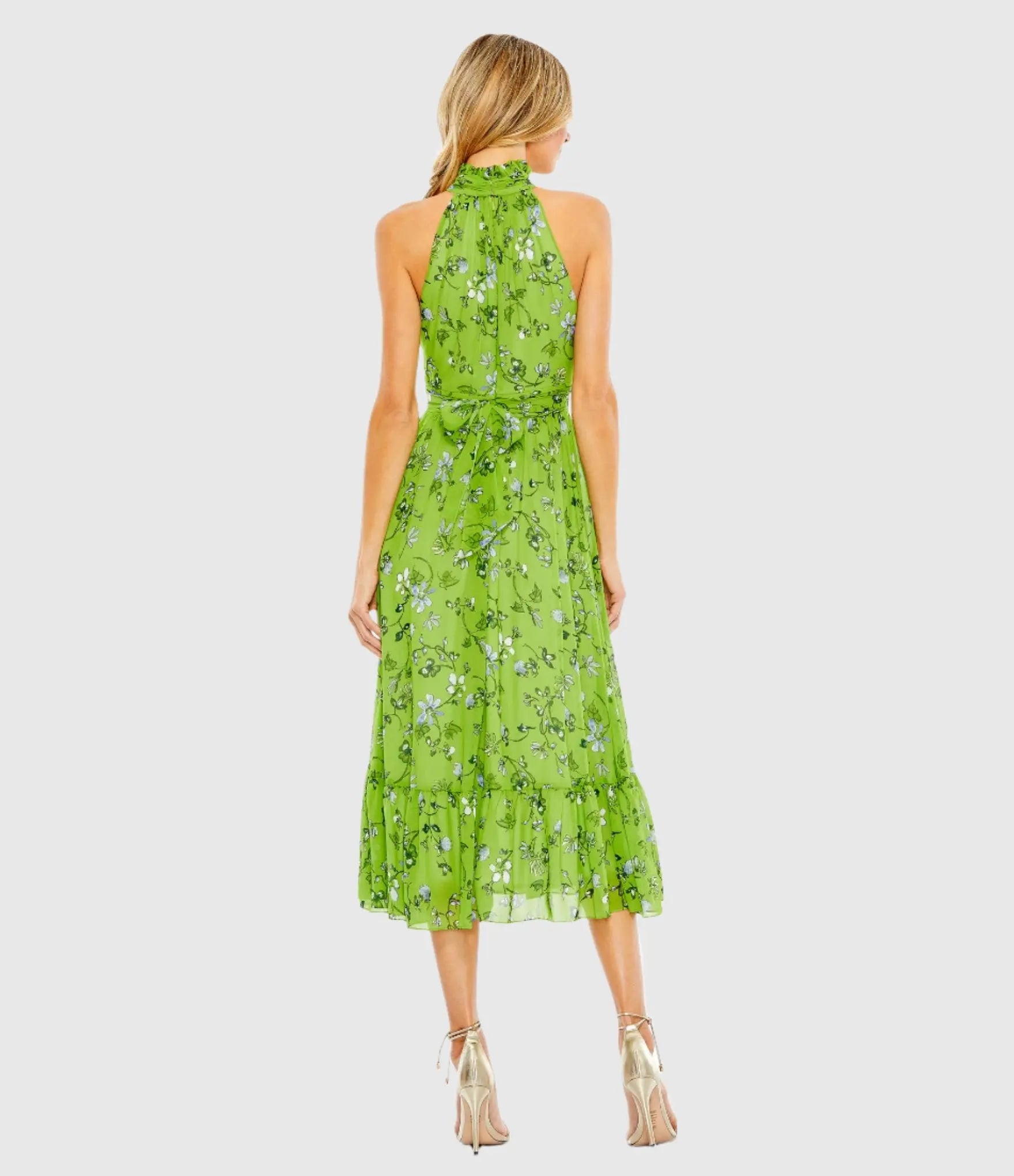 Green Floral Print High-Neck A-Line Midi Dress-Myartka