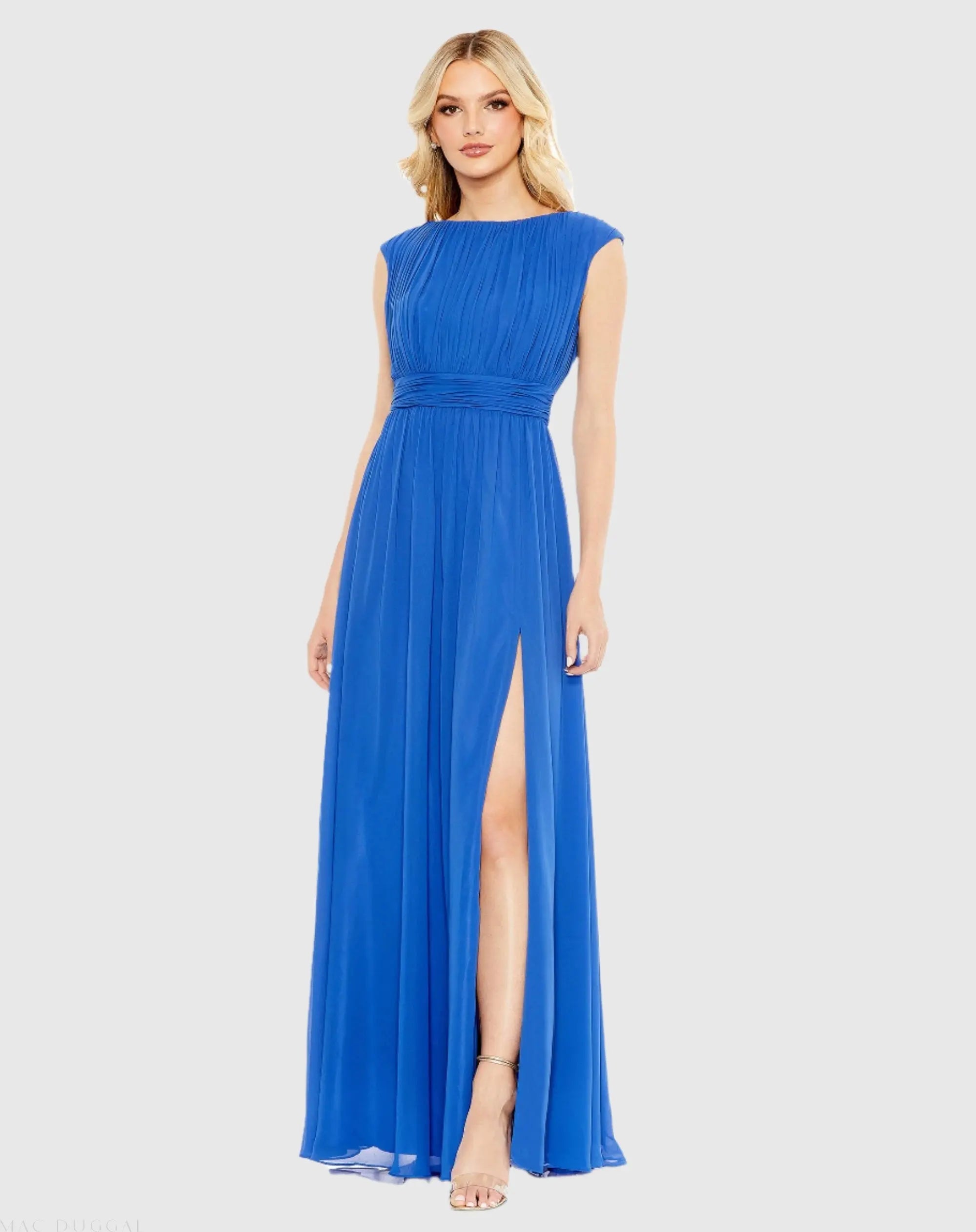 Blue Pleated Bateau Cap Sleeve A Line Gown-Myartka