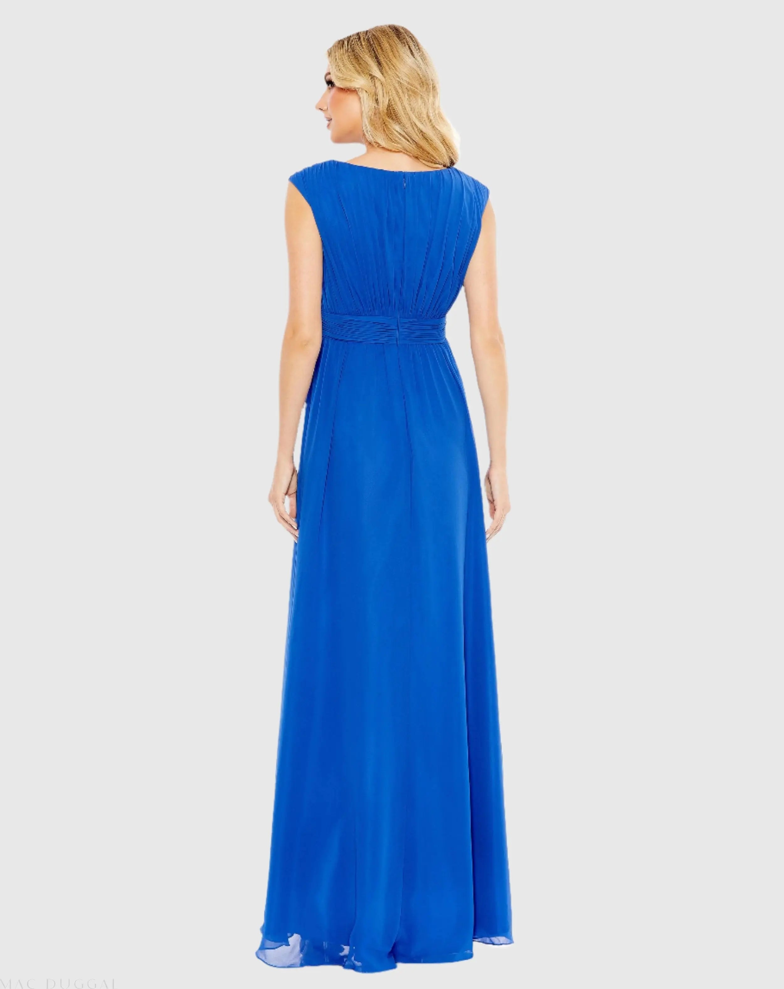 Blue Pleated Bateau Cap Sleeve A Line Gown-Myartka