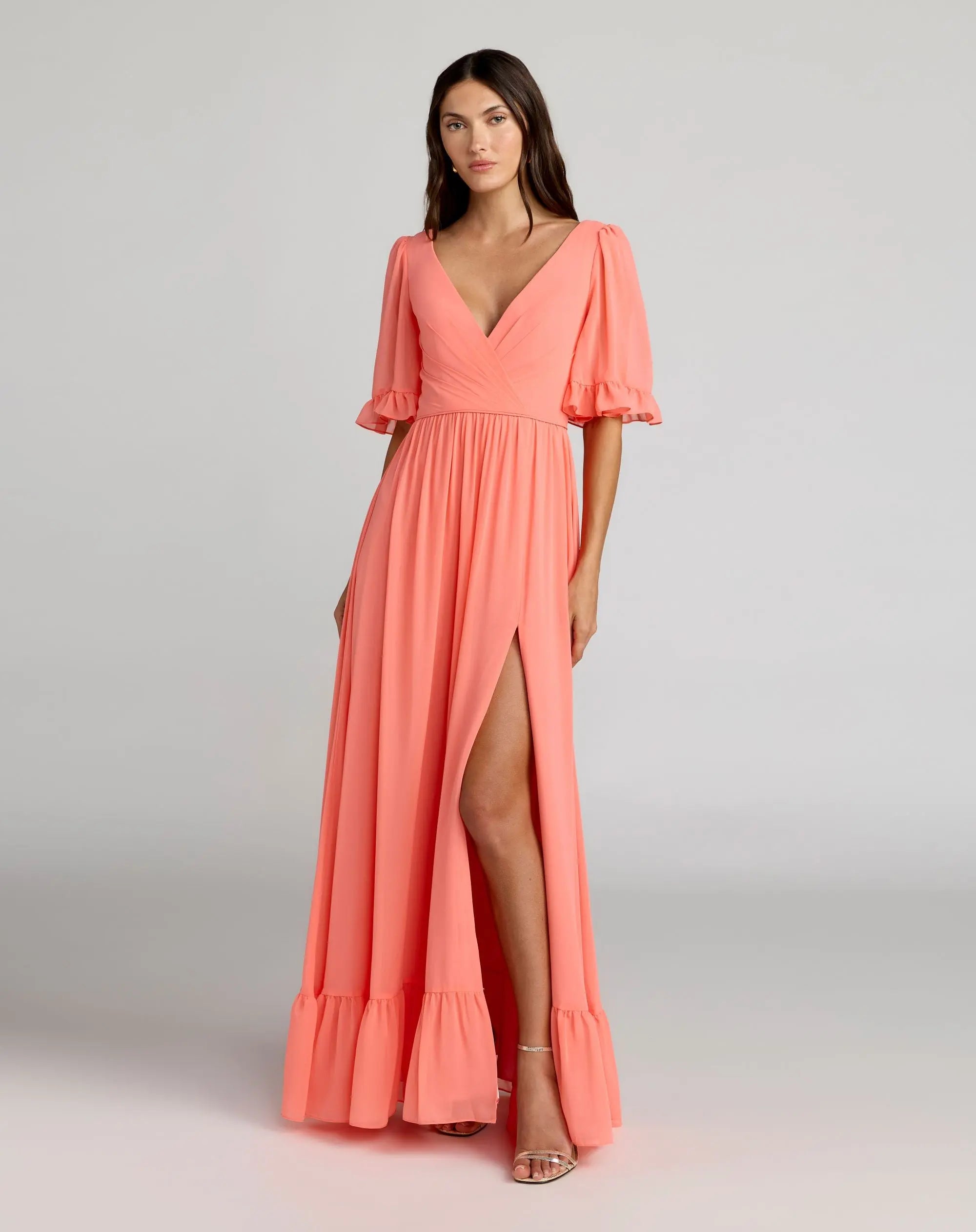 Pink Faux Wrap Ruffle Trim A-Line Gown-Myartka