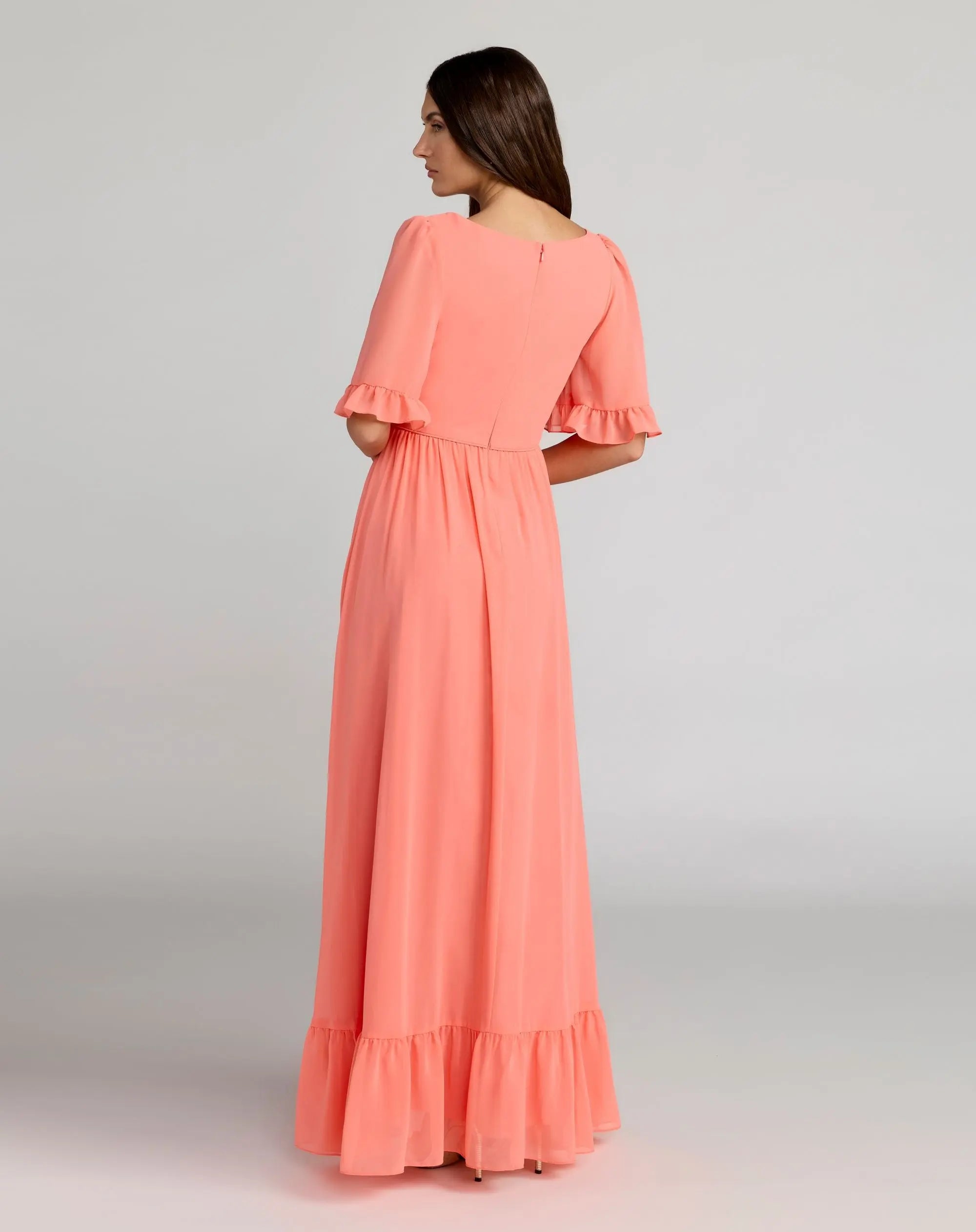 Pink Faux Wrap Ruffle Trim A-Line Gown-Myartka