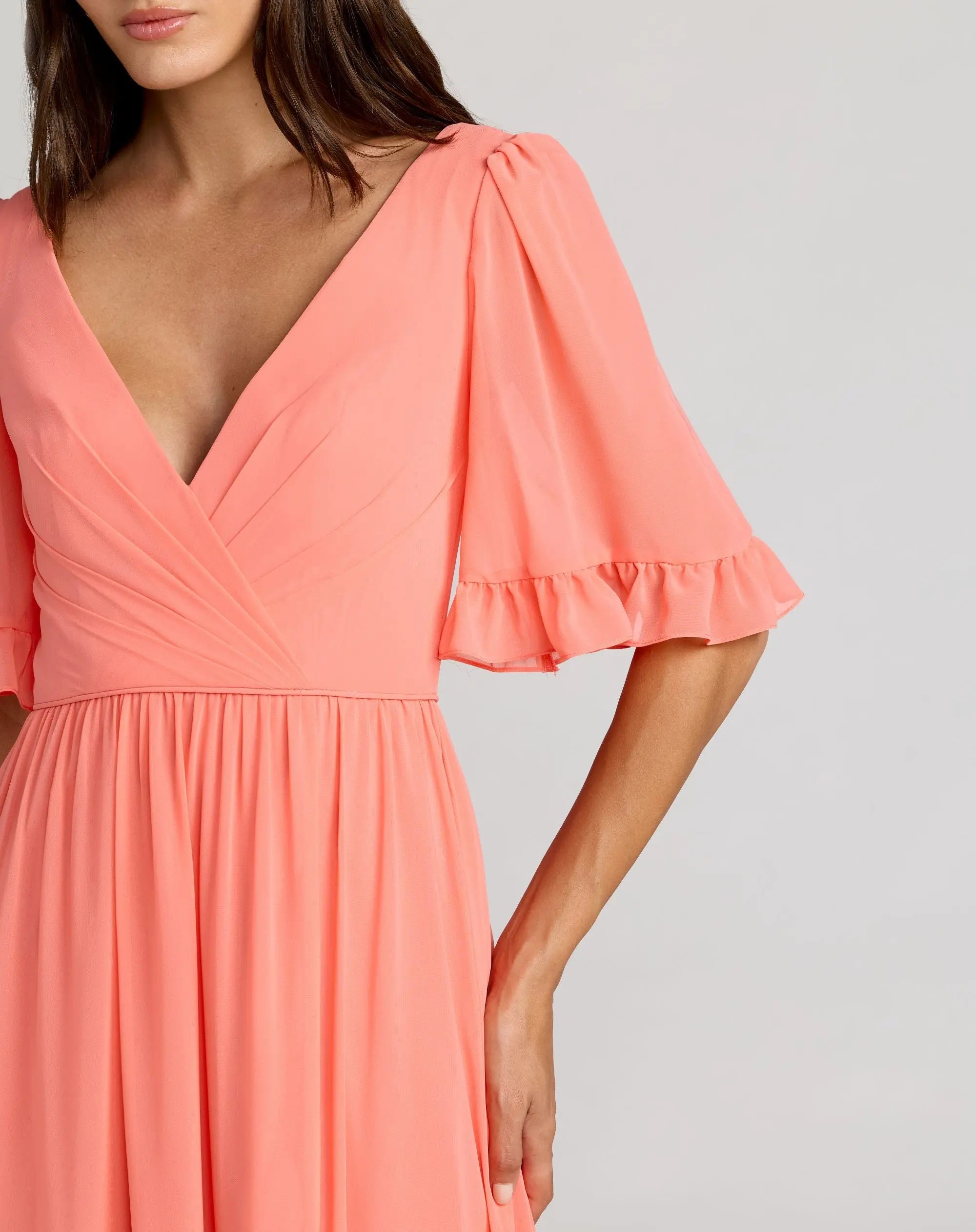 Pink Faux Wrap Ruffle Trim A-Line Gown-Myartka