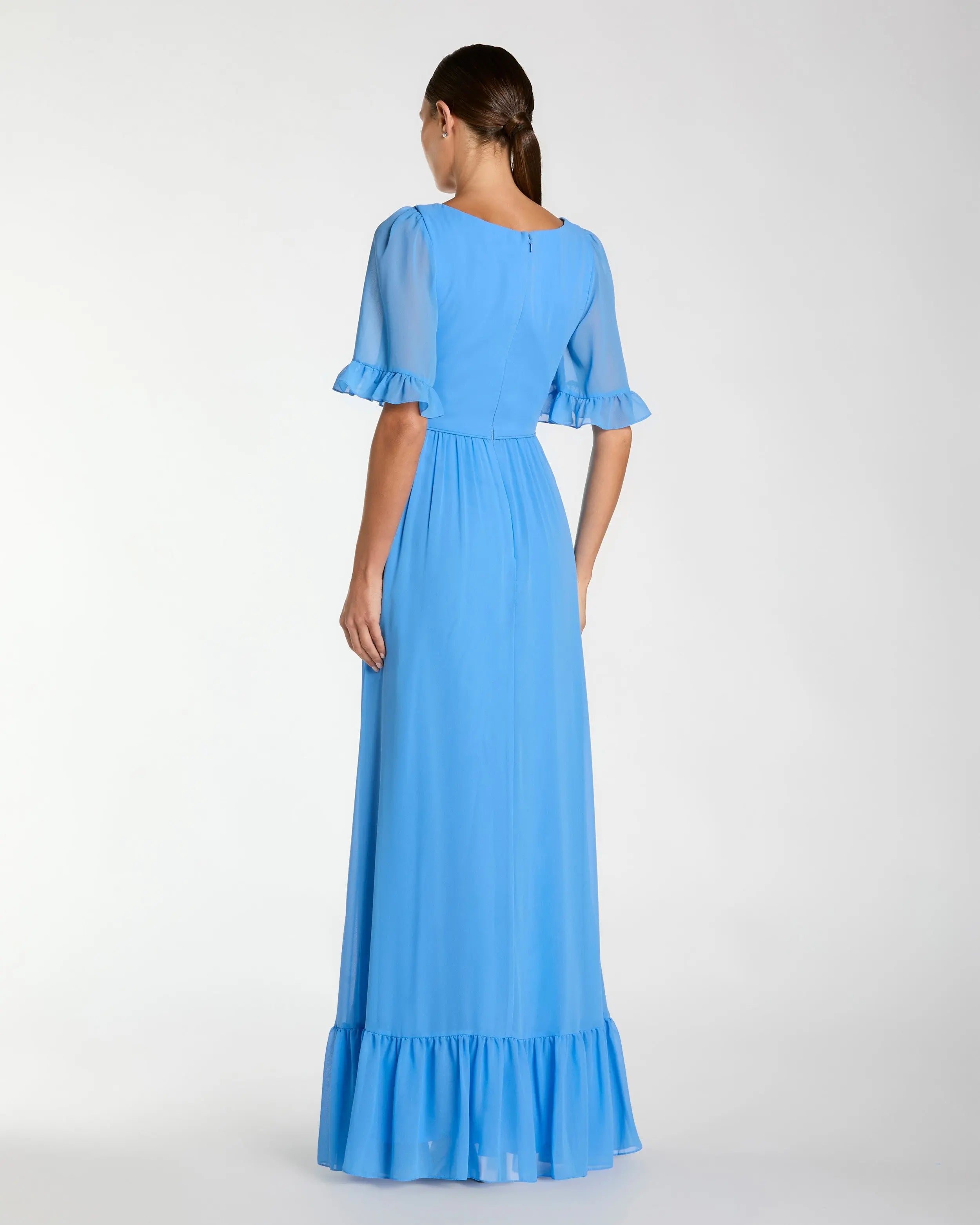 Blue Faux Wrap Ruffle Trim A-Line Gown-Myartka