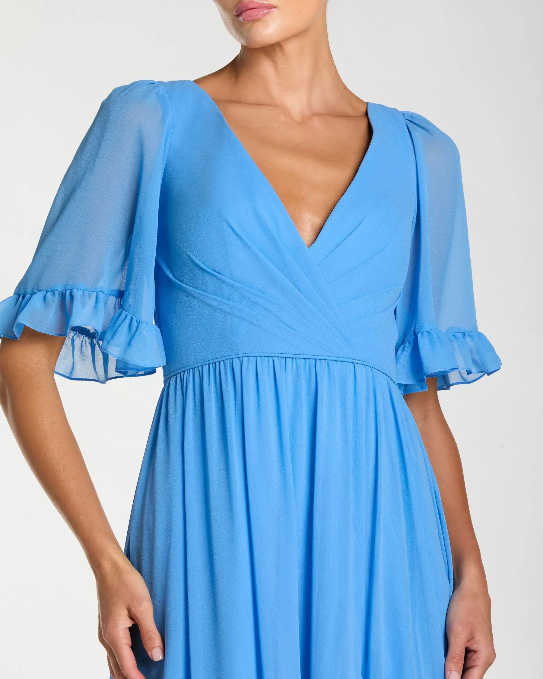 Blue Faux Wrap Ruffle Trim A-Line Gown-Myartka
