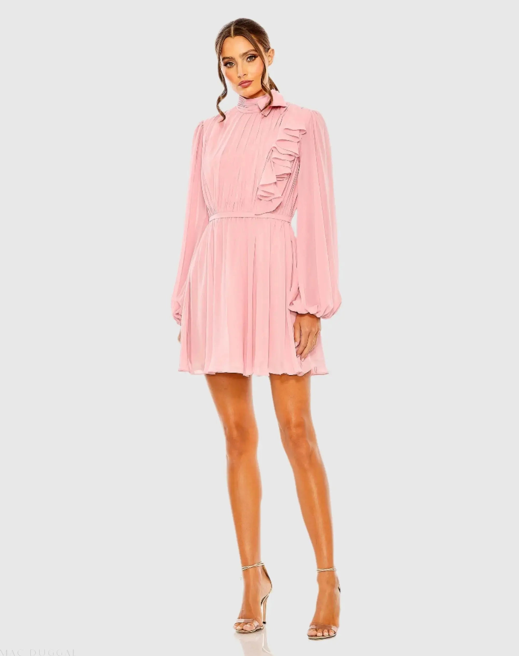 Draped High Neck Long Sleeve Mini Dress-Myartka