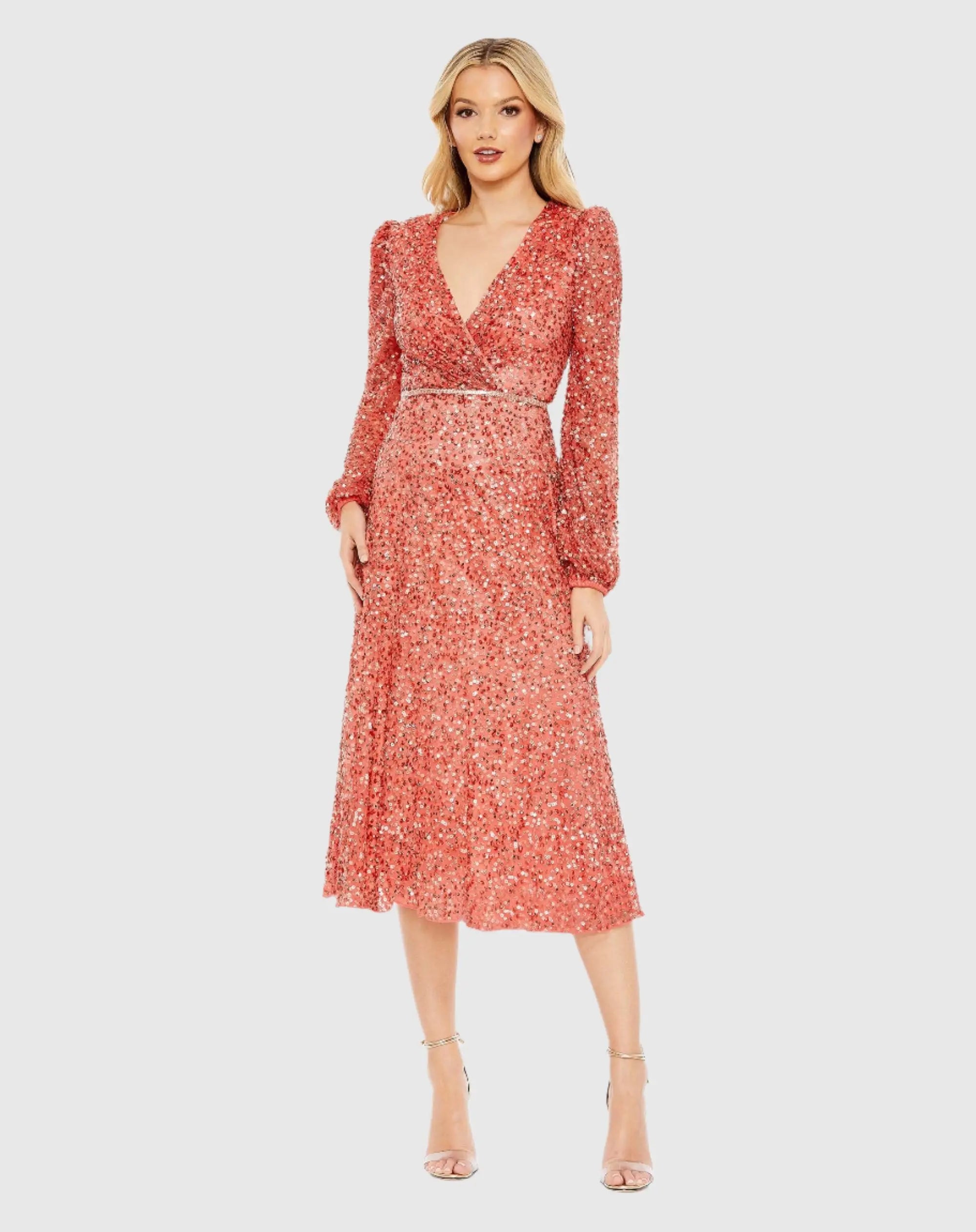 Red Sequined Puff Sleeve Wrap Over A Line Dress - FINAL SALE-Myartka
