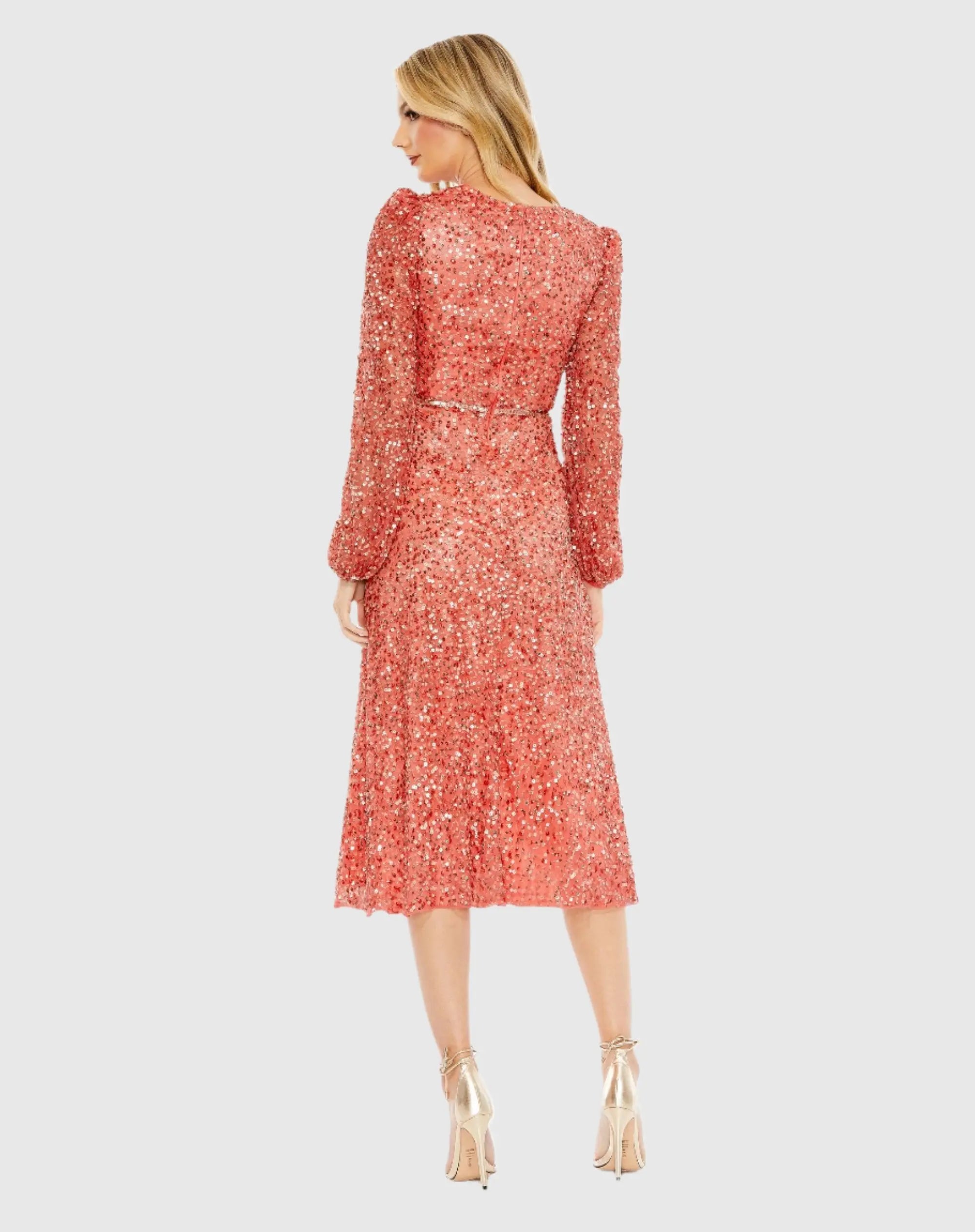 Red Sequined Puff Sleeve Wrap Over A Line Dress - FINAL SALE-Myartka