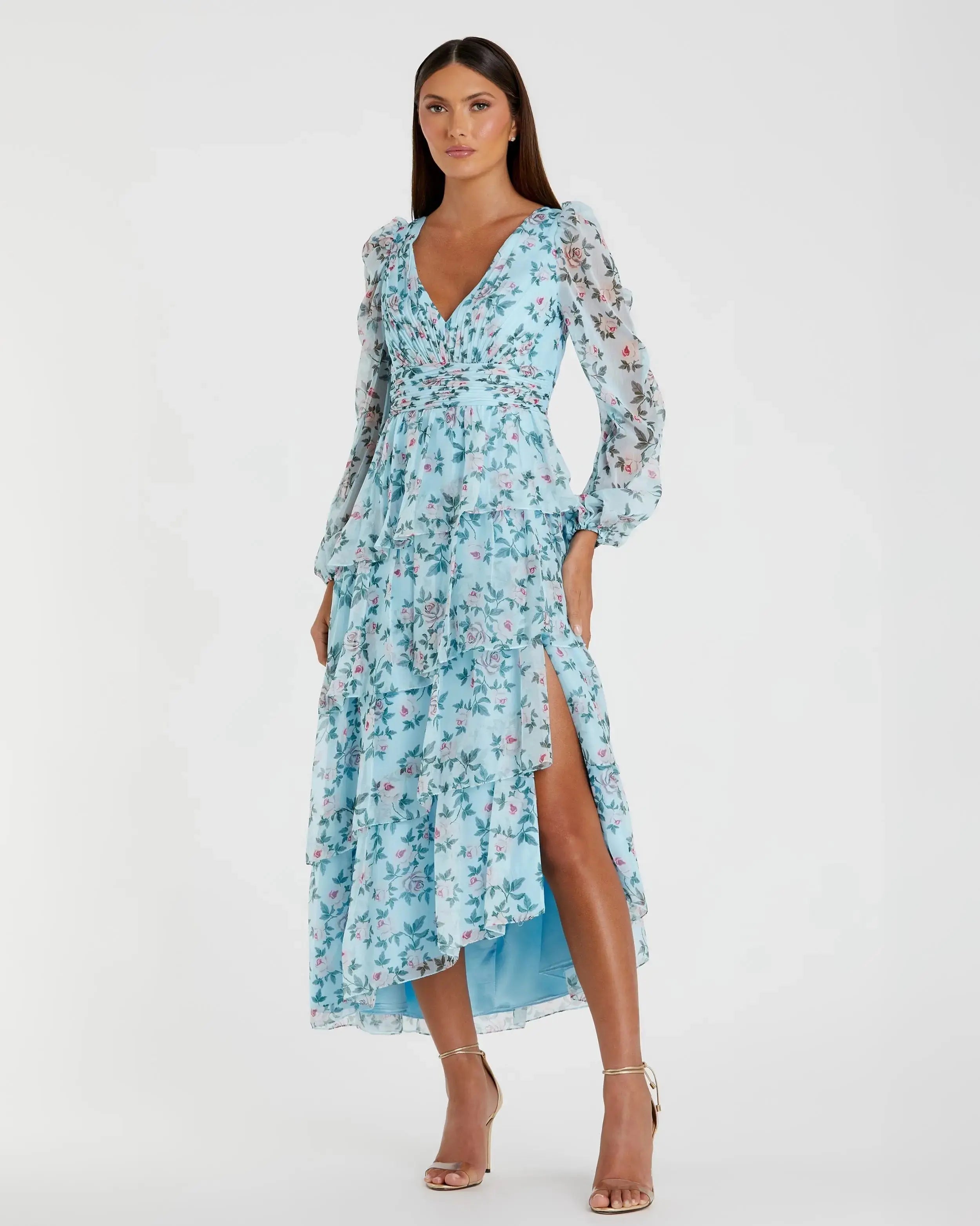 Blue Puff Sleeve Floral Printed Dress-Myartka