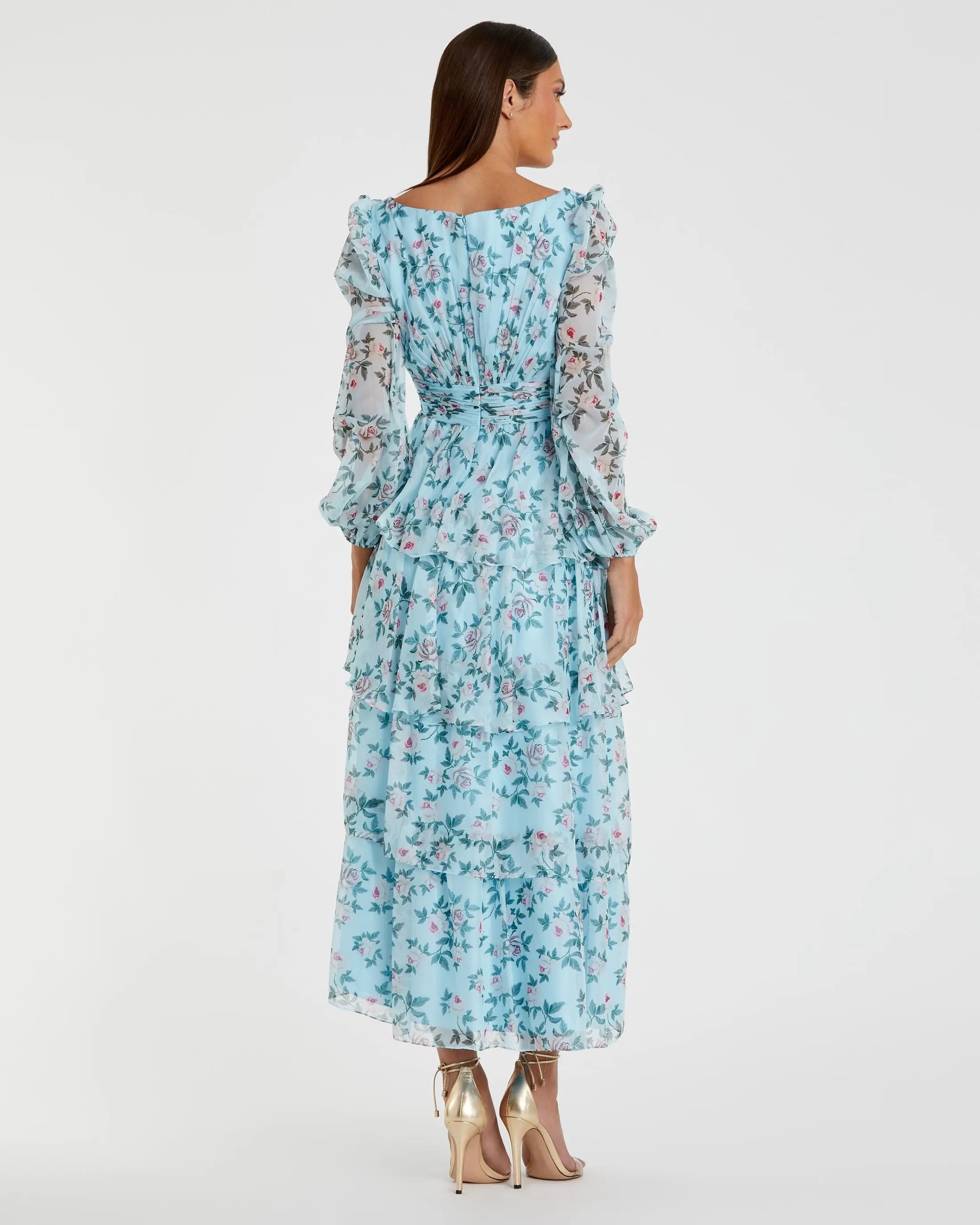 Blue Puff Sleeve Floral Printed Dress-Myartka