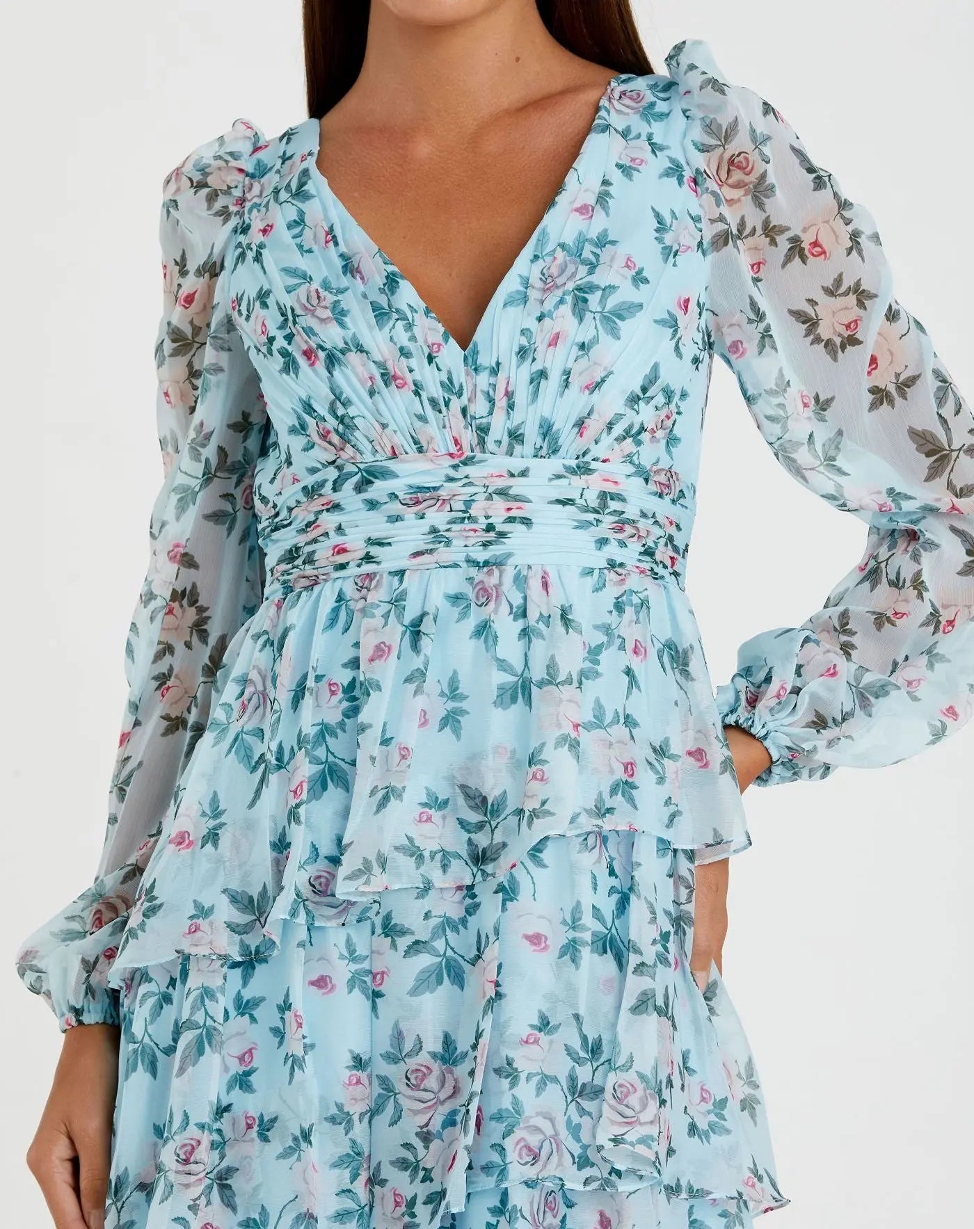 Blue Puff Sleeve Floral Printed Dress-Myartka