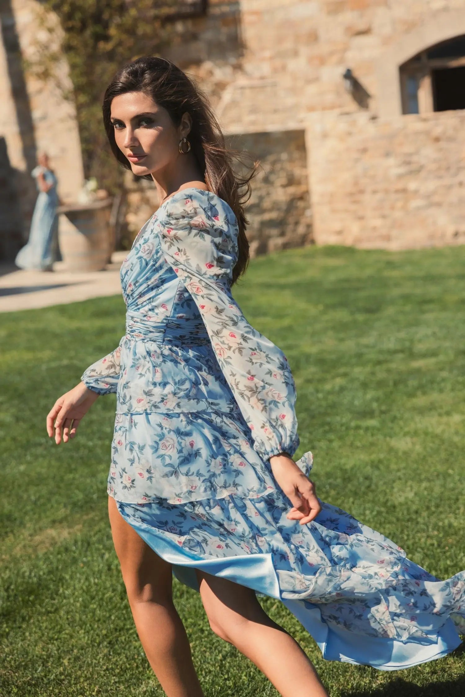 Blue Puff Sleeve Floral Printed Dress-Myartka