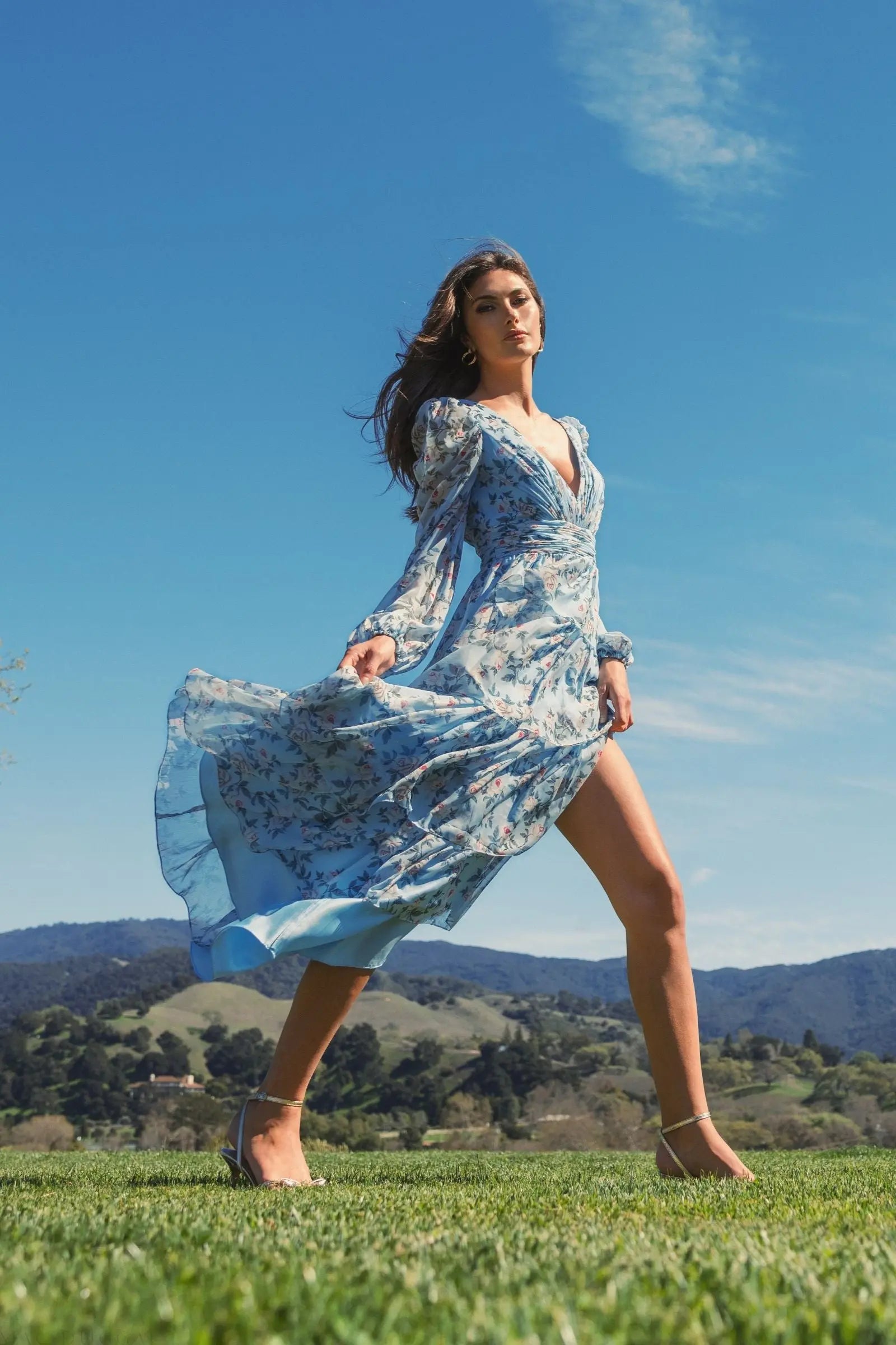 Blue Puff Sleeve Floral Printed Dress-Myartka