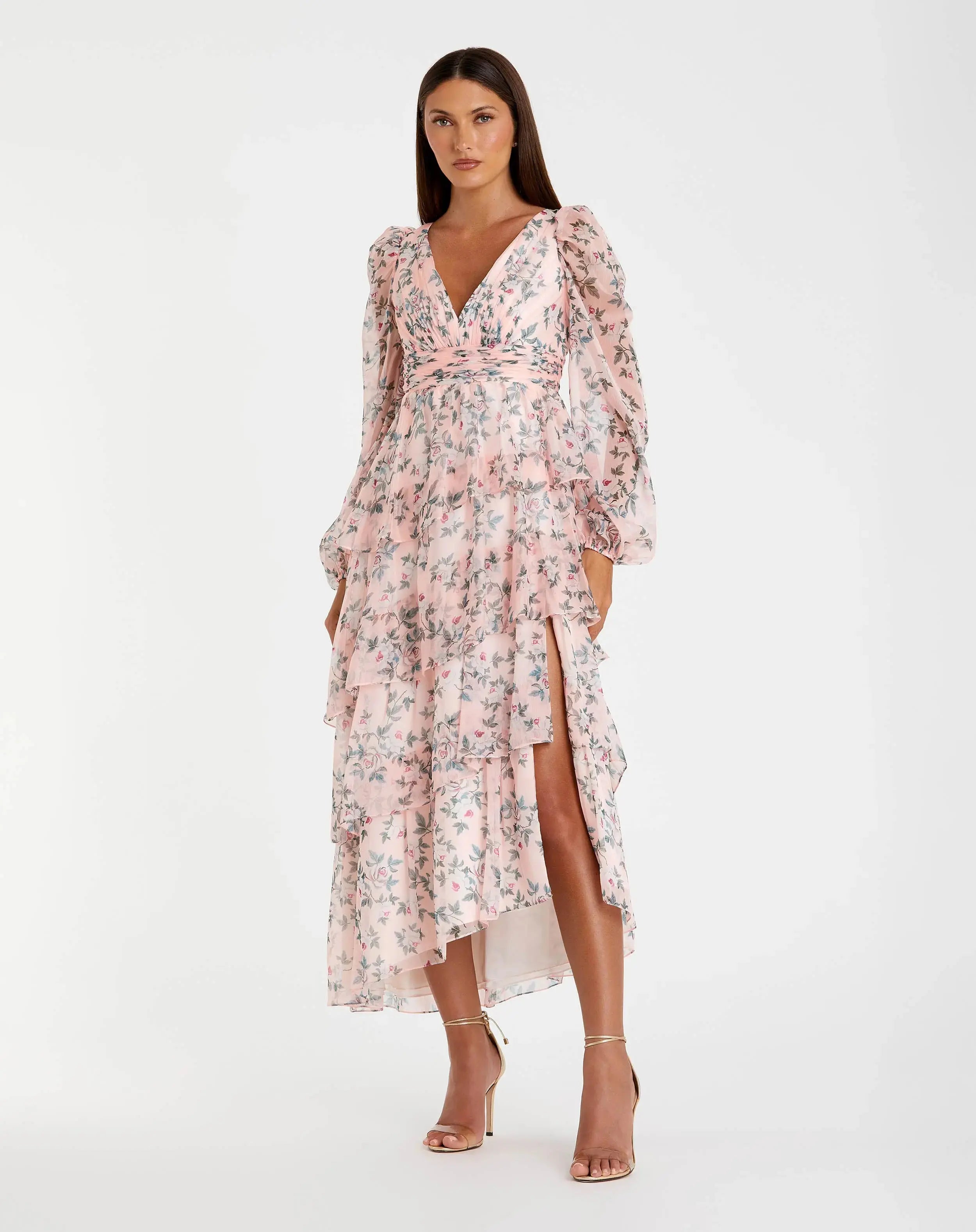 Pink Puff Sleeve Floral Printed Dress-Myartka