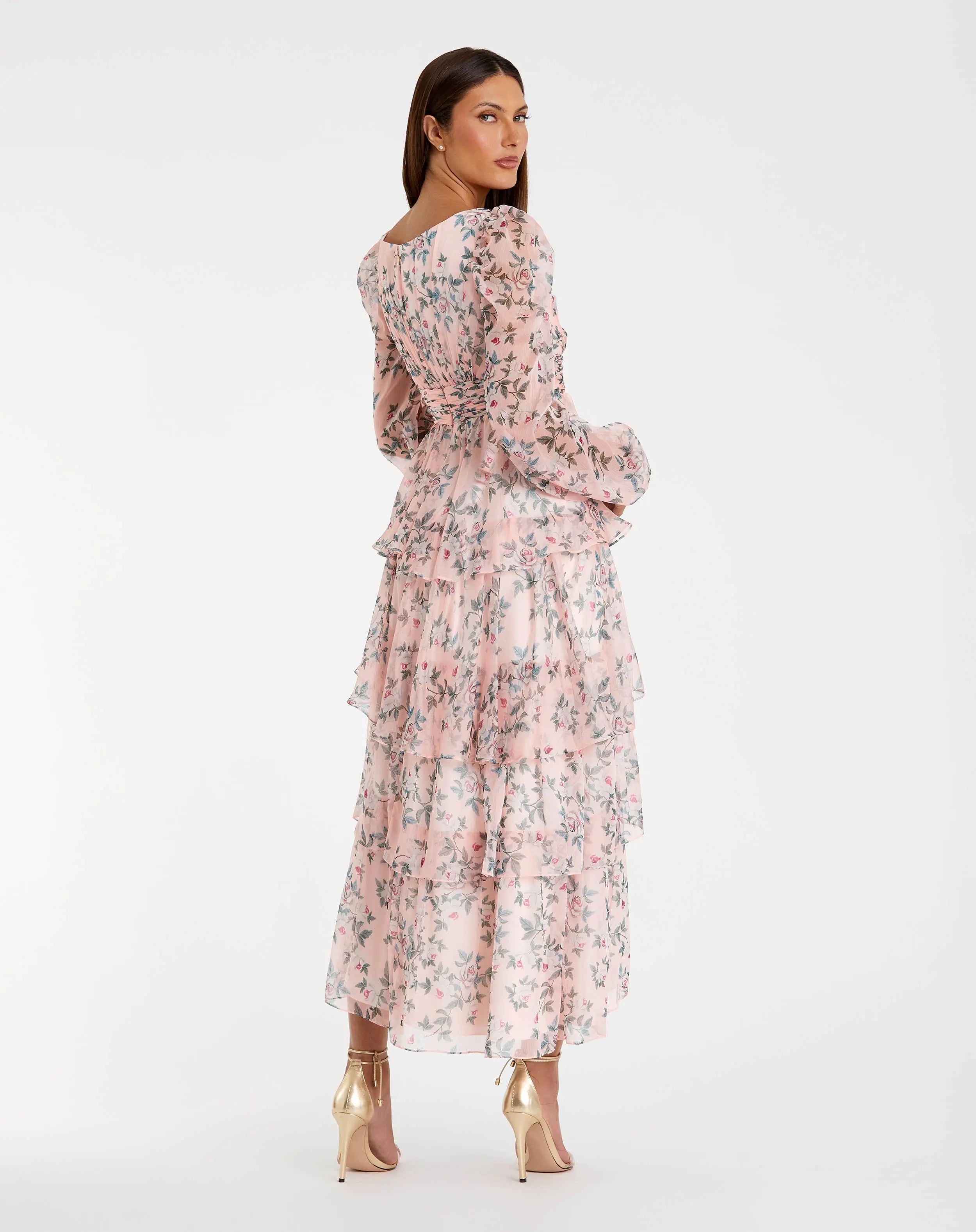 Pink Puff Sleeve Floral Printed Dress-Myartka