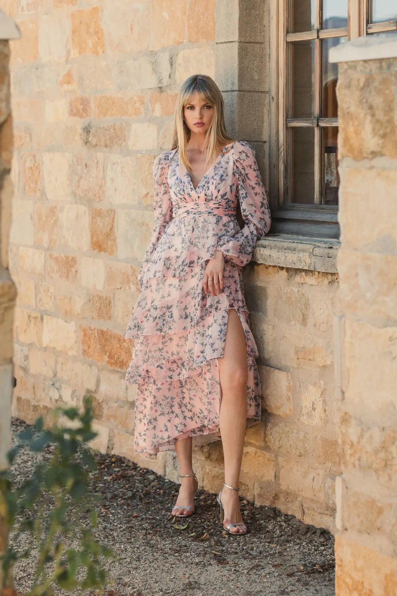 Pink Puff Sleeve Floral Printed Dress-Myartka