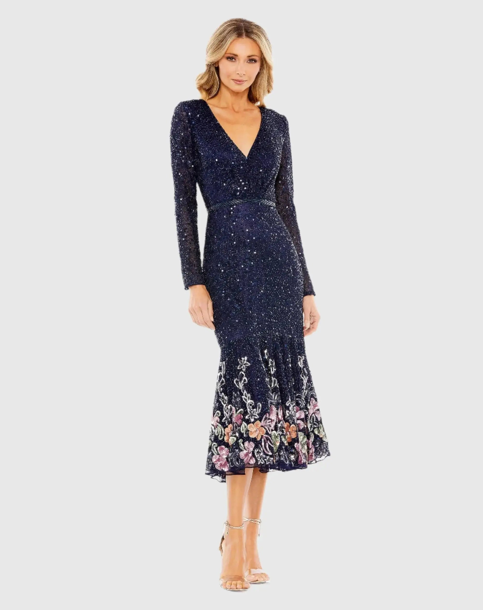 Long Sleeve Faux Wrap Embellished Tea Length Dress-Myartka