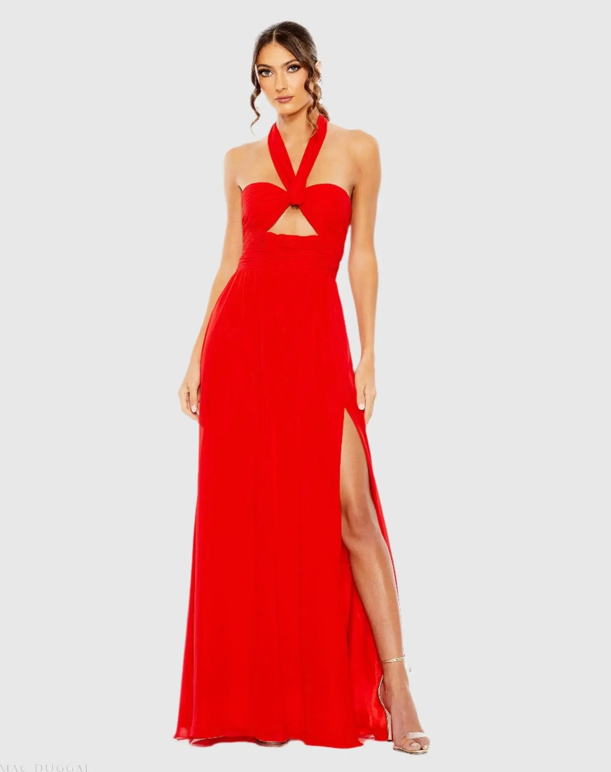 Red Ruched Halter Strap Keyhole Chiffon Gown-Myartka