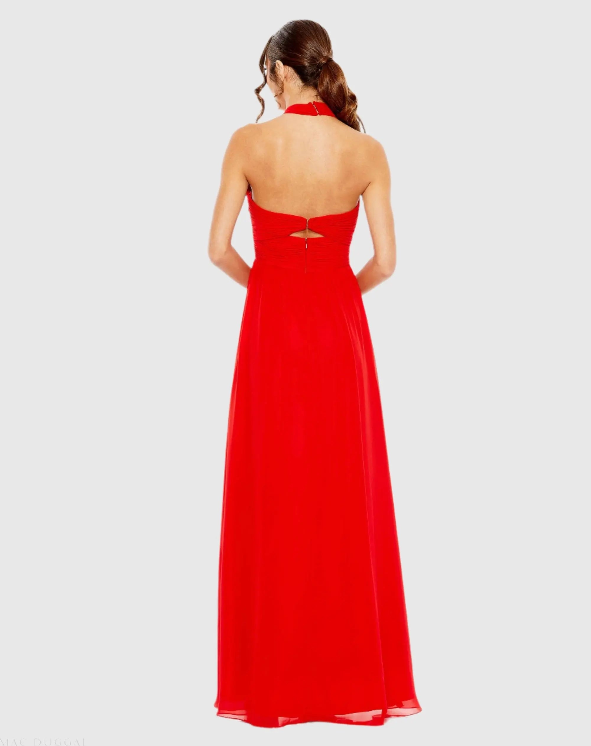 Red Ruched Halter Strap Keyhole Chiffon Gown-Myartka