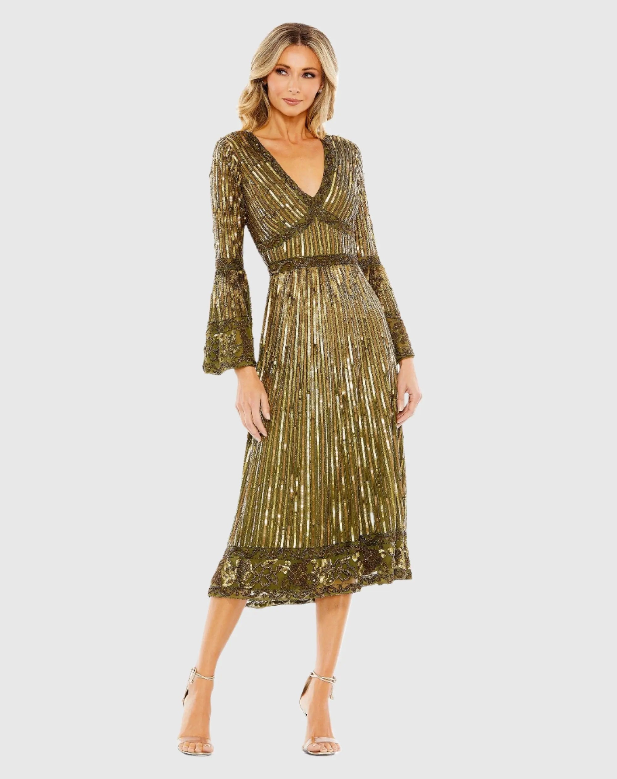 Green Embellished 3/4 Sleeve V Neck A Line Dress - FINAL SALE-Myartka