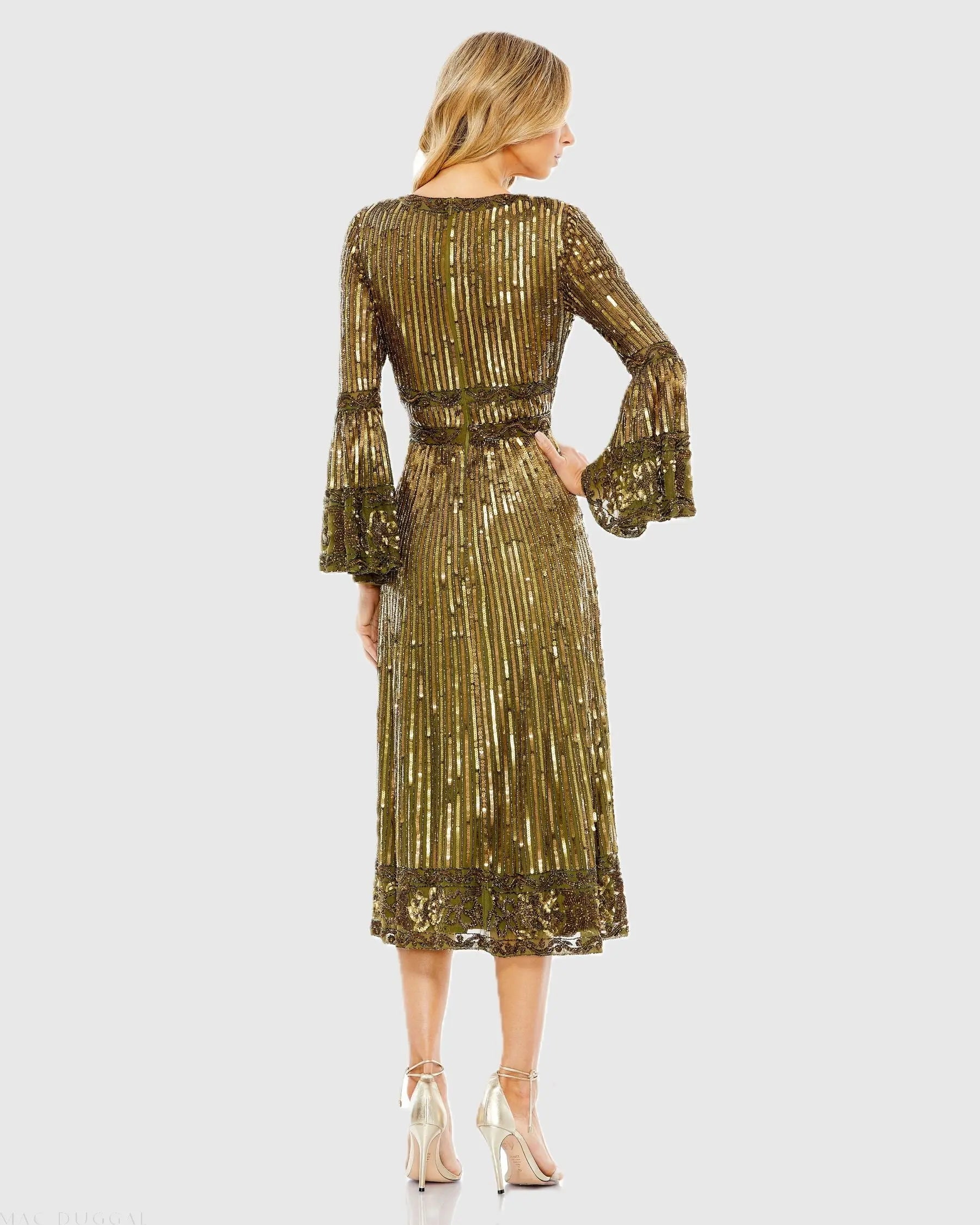 Green Embellished 3/4 Sleeve V Neck A Line Dress - FINAL SALE-Myartka