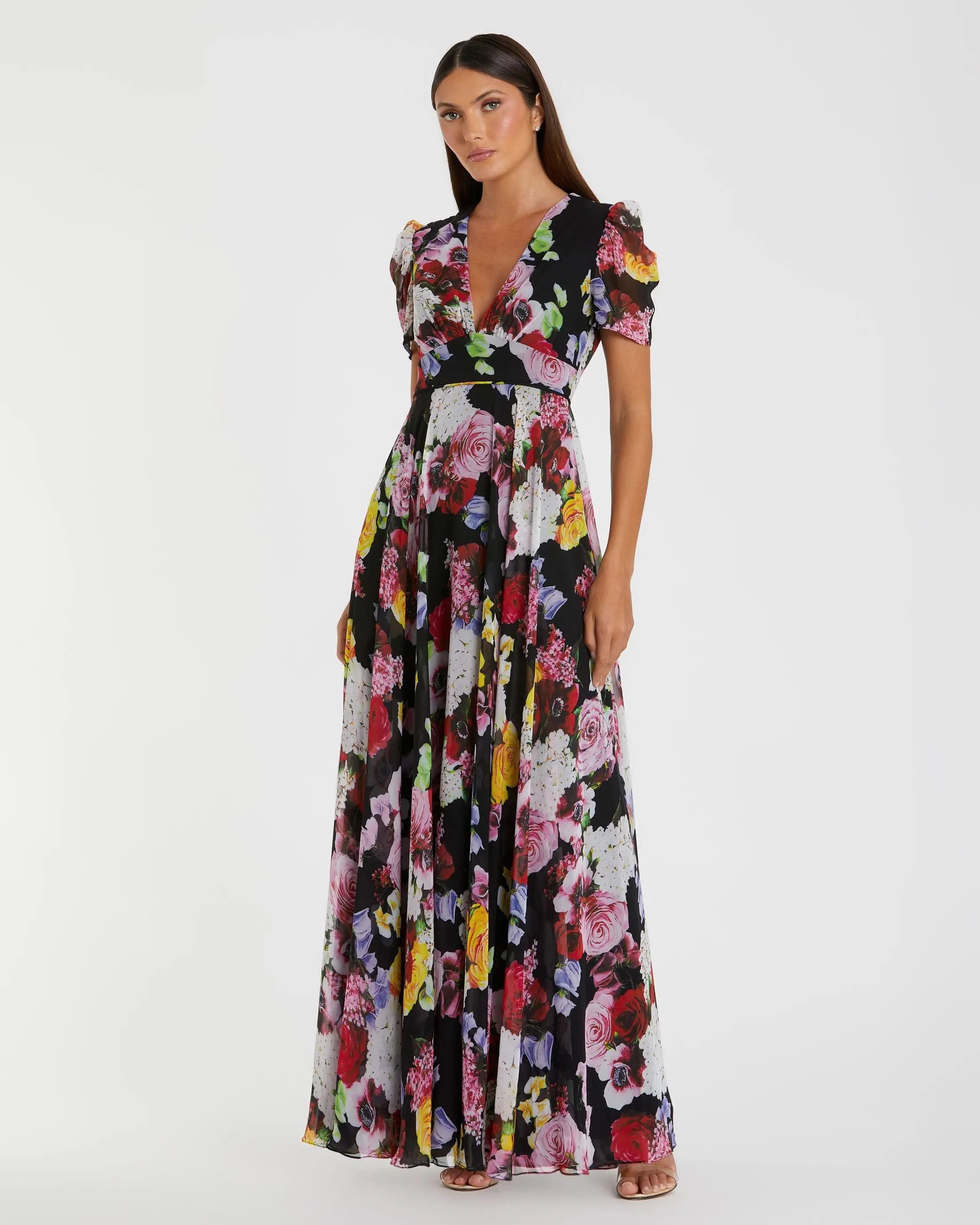 Black Floral Print Mesh Short Sleeve Gown-Myartka