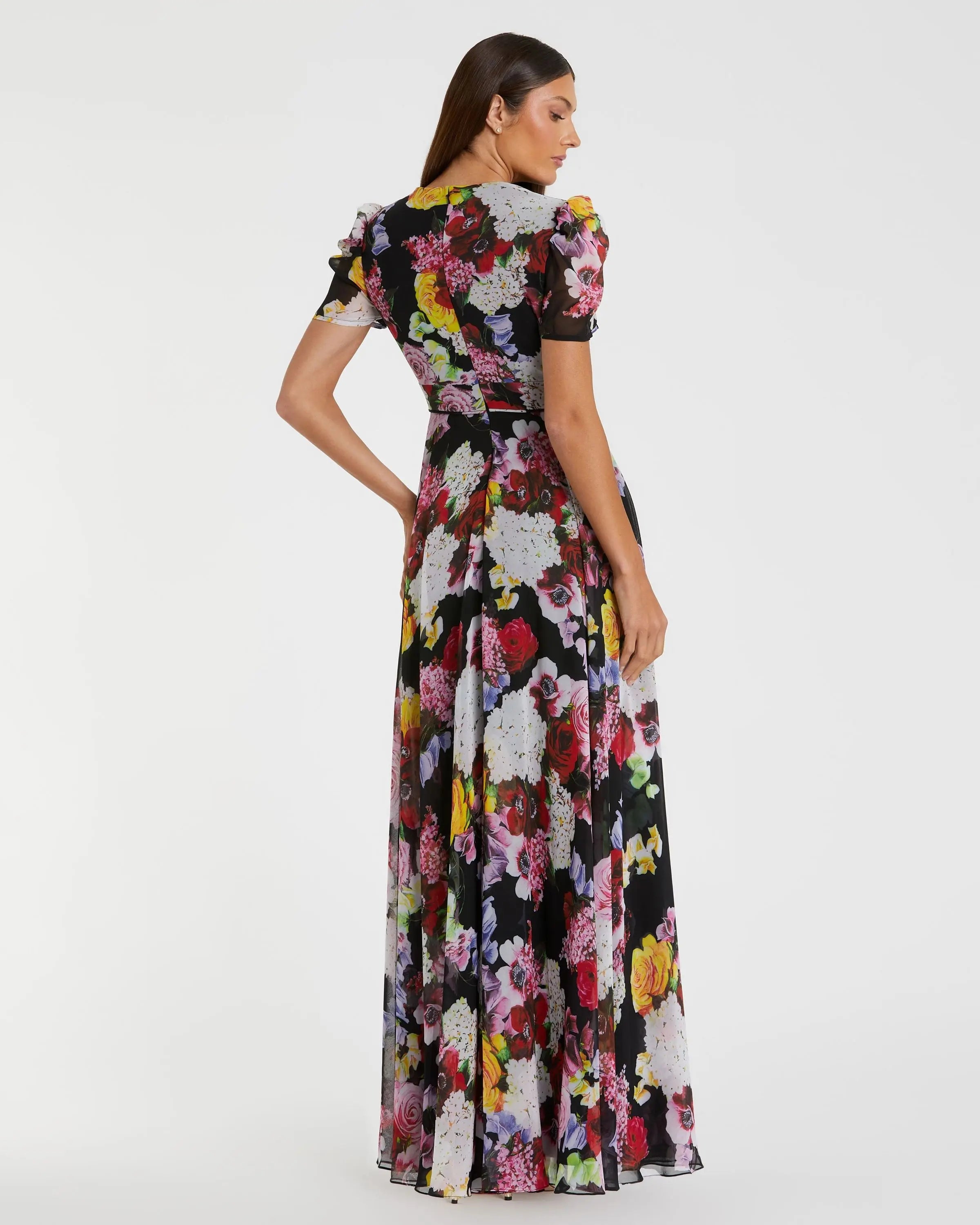 Black Floral Print Mesh Short Sleeve Gown-Myartka