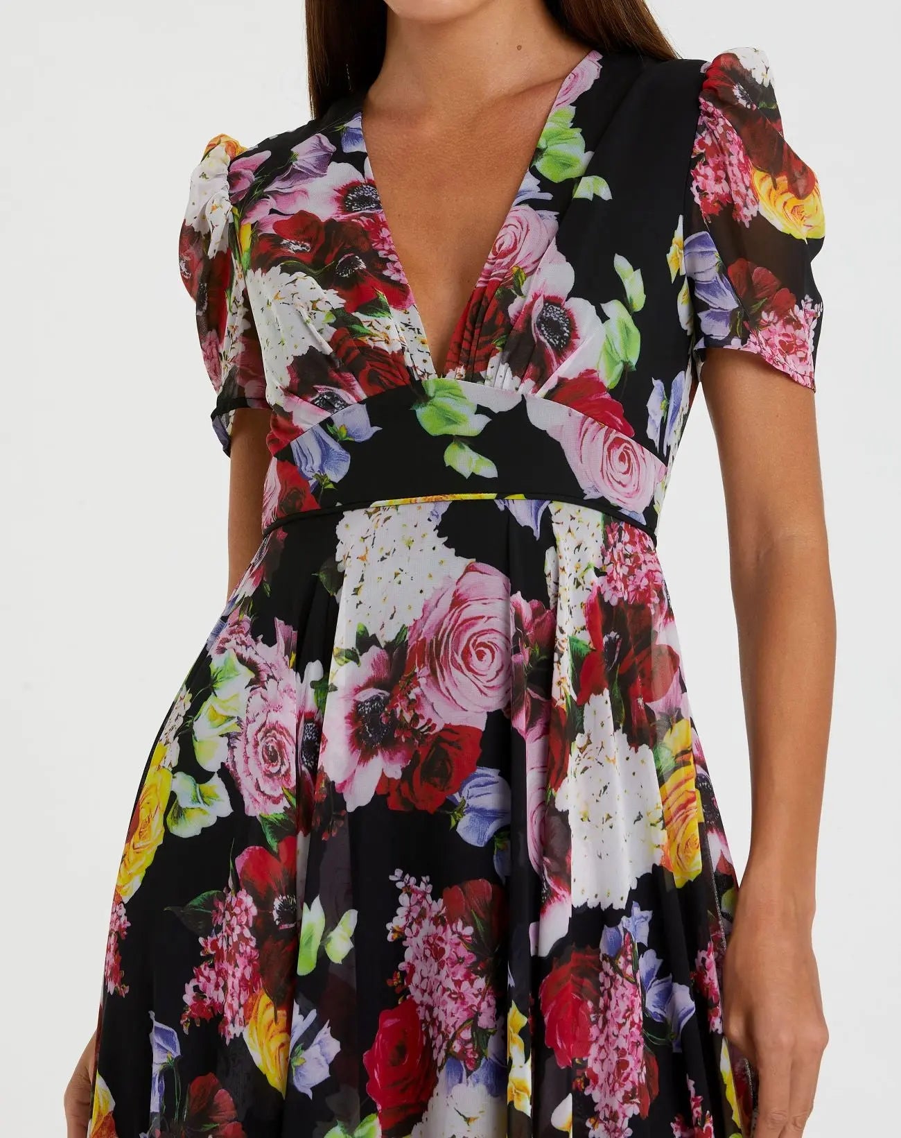 Black Floral Print Mesh Short Sleeve Gown-Myartka