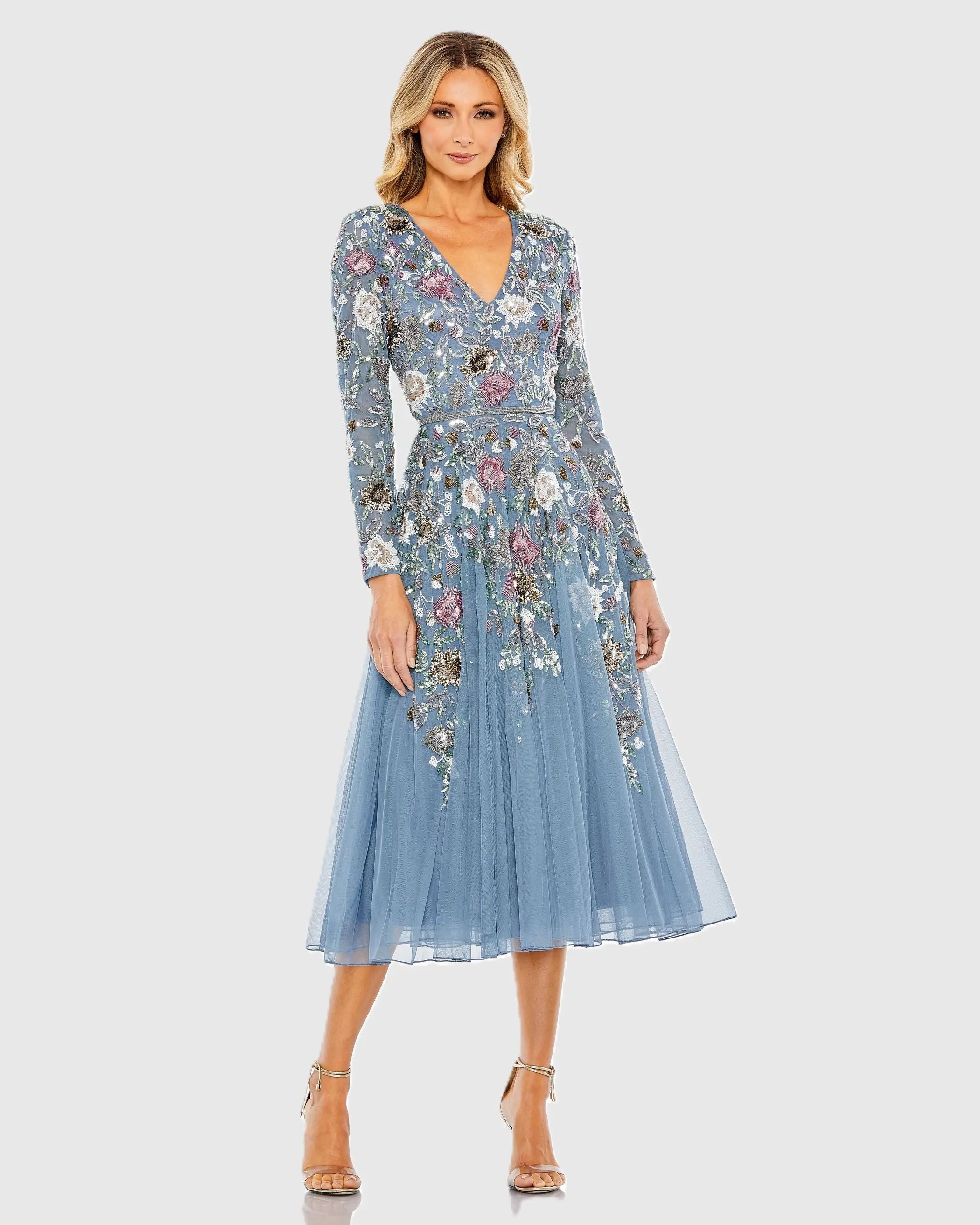 Blue Hand Embellished Floral V Neck Long Sleeve Dress-Myartka
