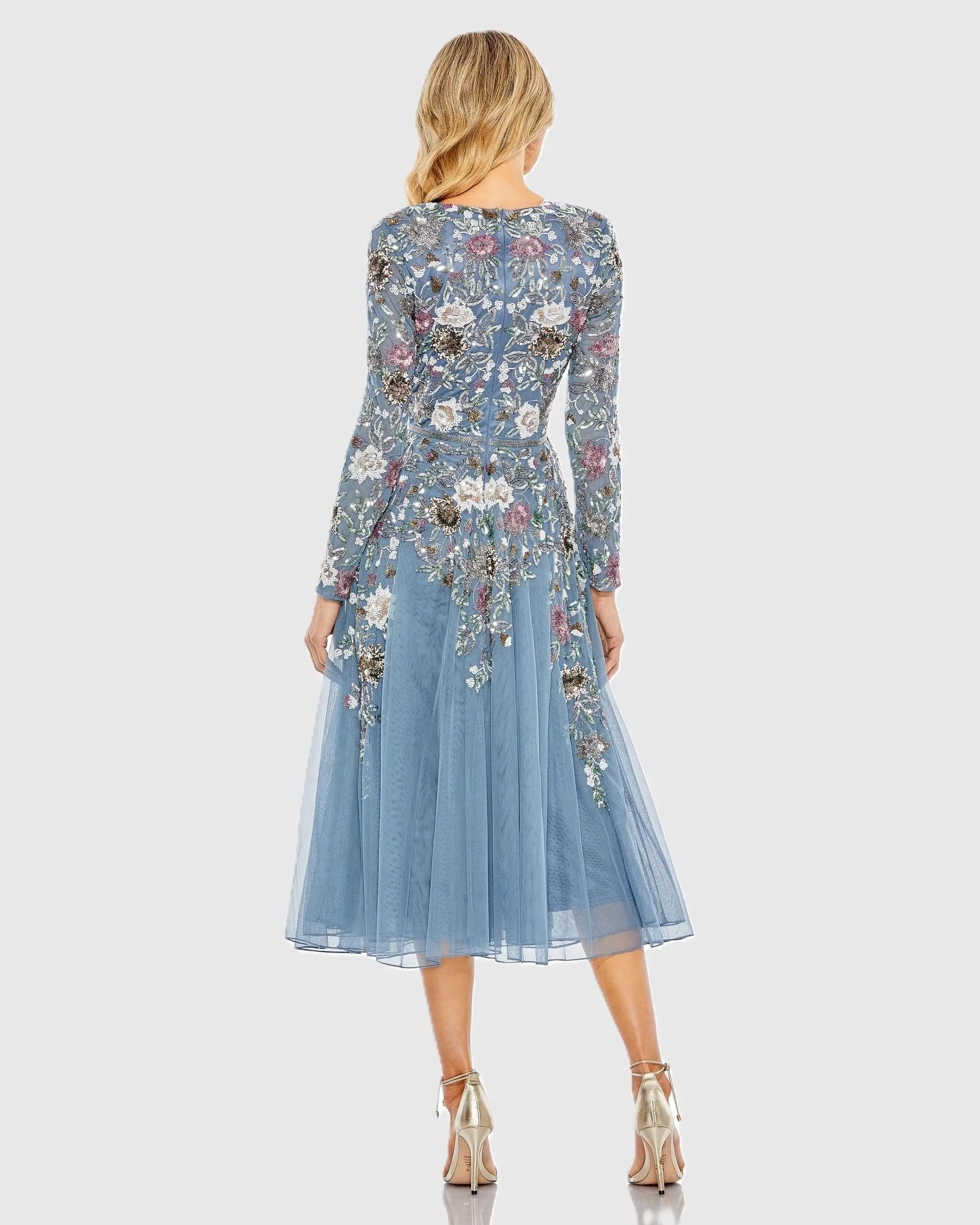 Blue Hand Embellished Floral V Neck Long Sleeve Dress-Myartka