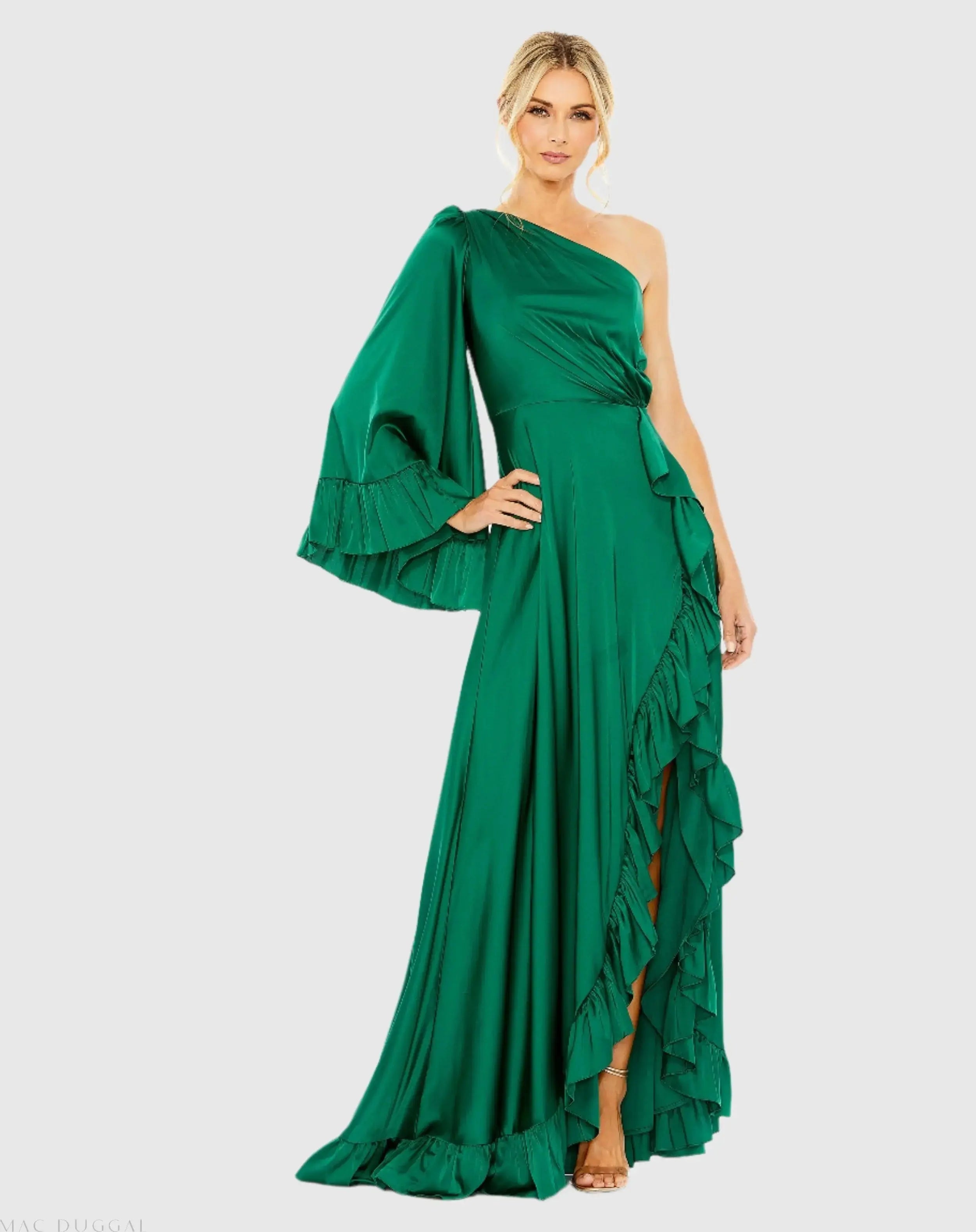 Long One Sleeve Asymmetrical Ruffle Hem Gown-Myartka