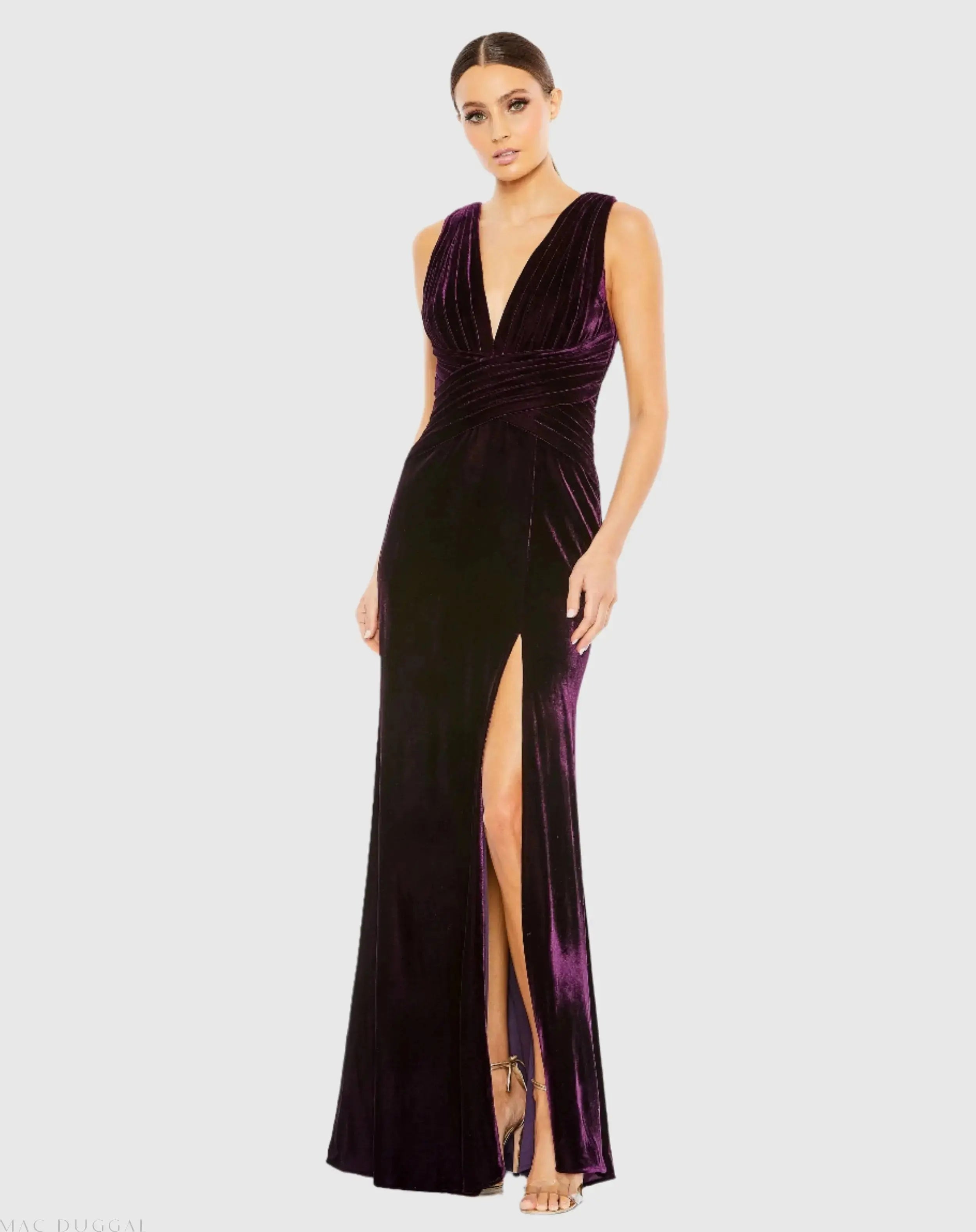 Purple Sleeveless Plunge Neck Pleated Velvet Gown-Myartka