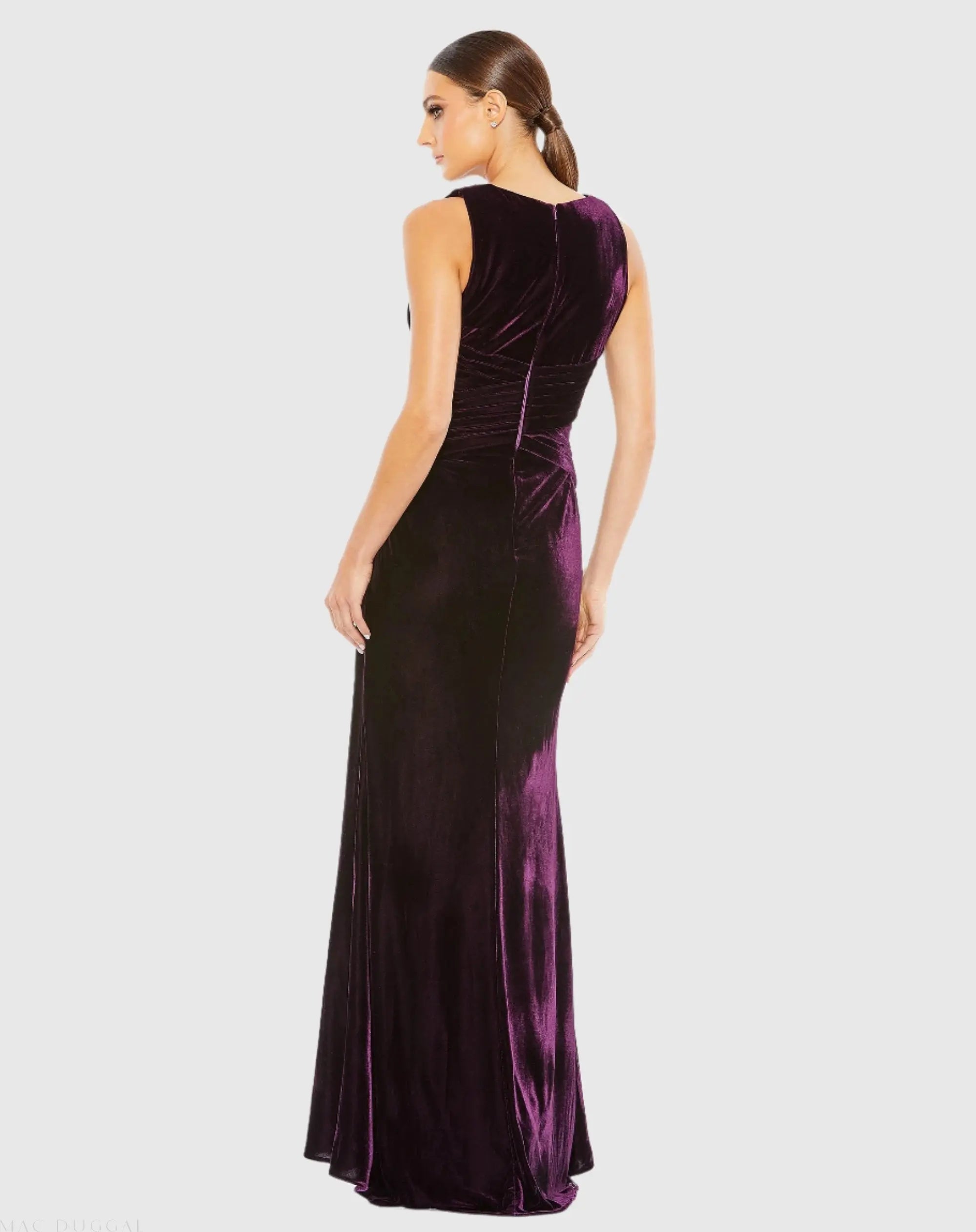Purple Sleeveless Plunge Neck Pleated Velvet Gown-Myartka