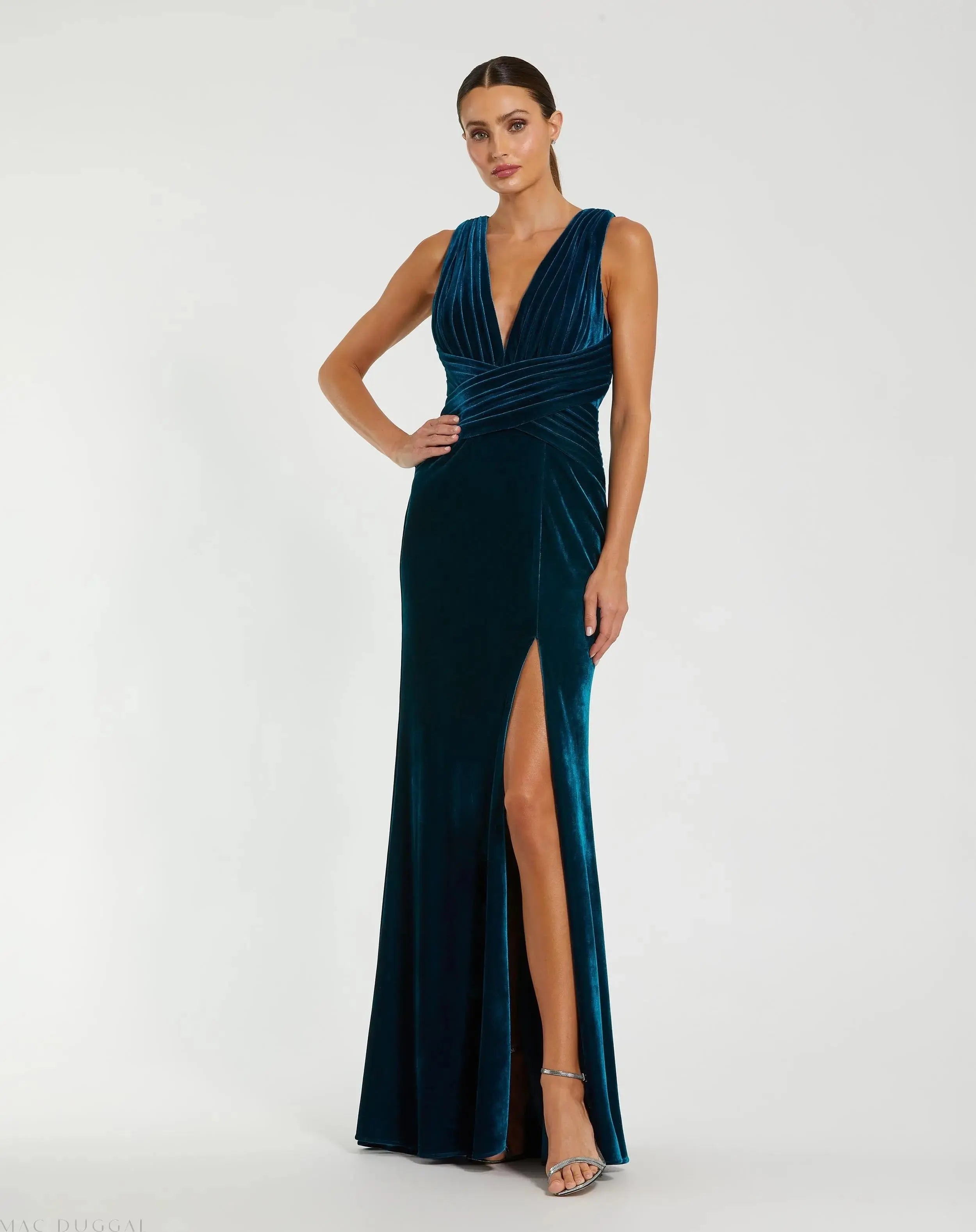 Blue Sleeveless Plunge Neck Pleated Velvet Gown-Myartka