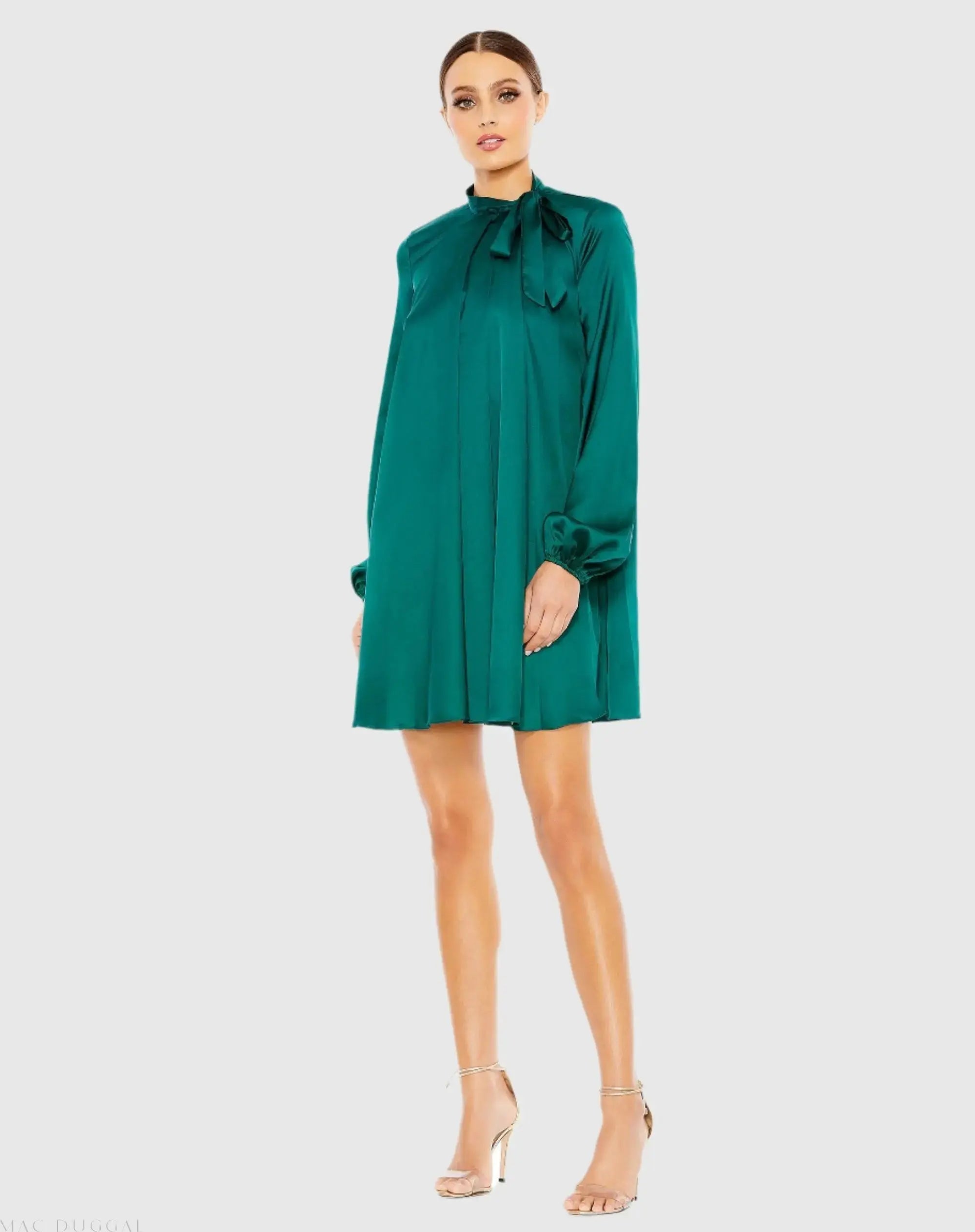 Soft Tie High Neck Pull Sleeve Shirt Dress-Myartka