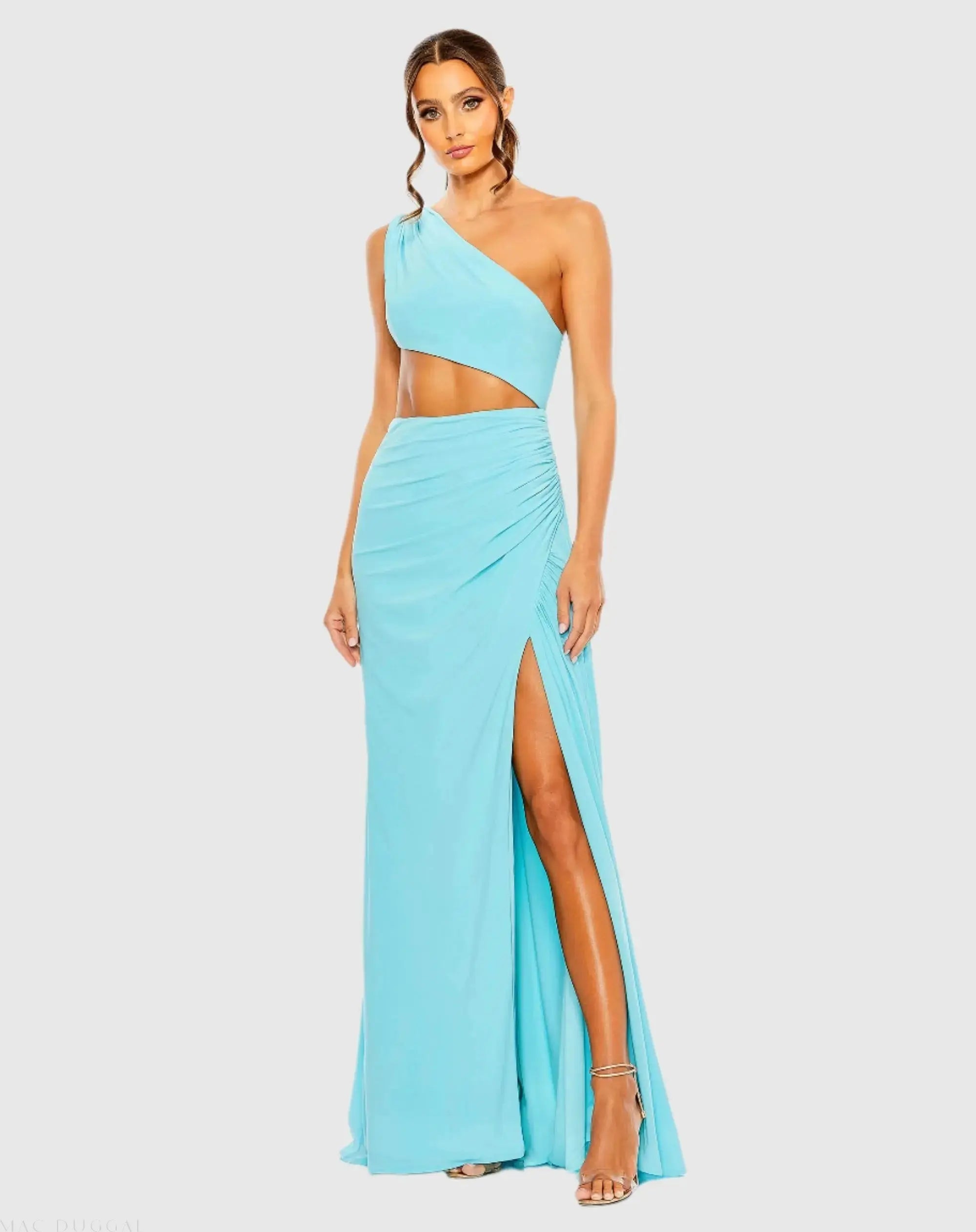 Blue Cut Out One Shoulder Ruched Back Gown-Myartka
