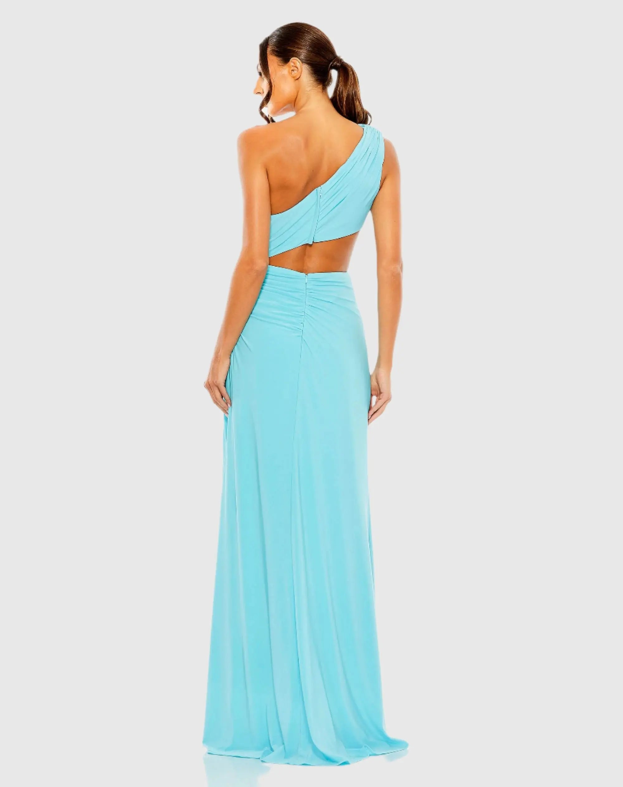 Blue Cut Out One Shoulder Ruched Back Gown-Myartka