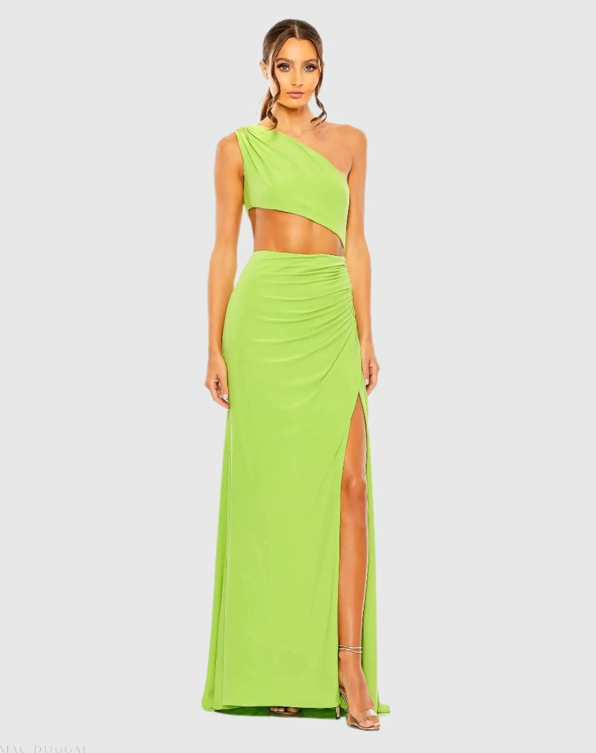 Green Cut Out One Shoulder Ruched Back Gown-Myartka