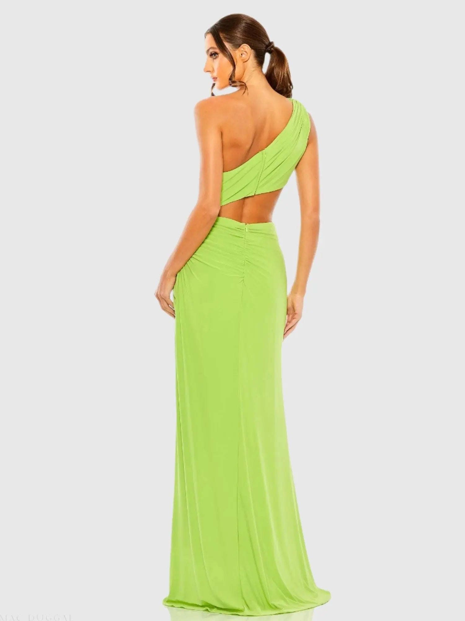 Green Cut Out One Shoulder Ruched Back Gown-Myartka