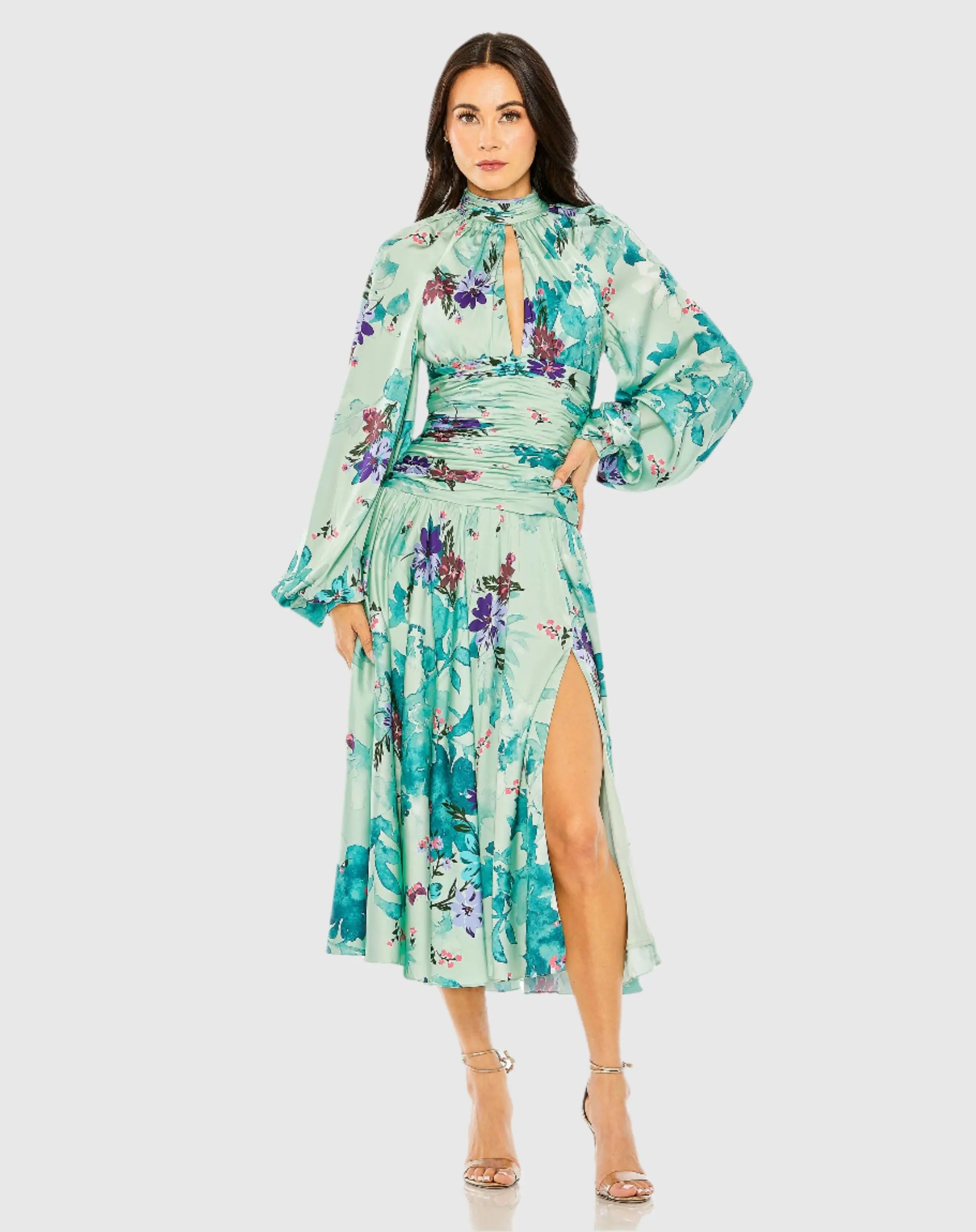 Green Keyhole Satin Long Sleeve Floral Dress-Myartka