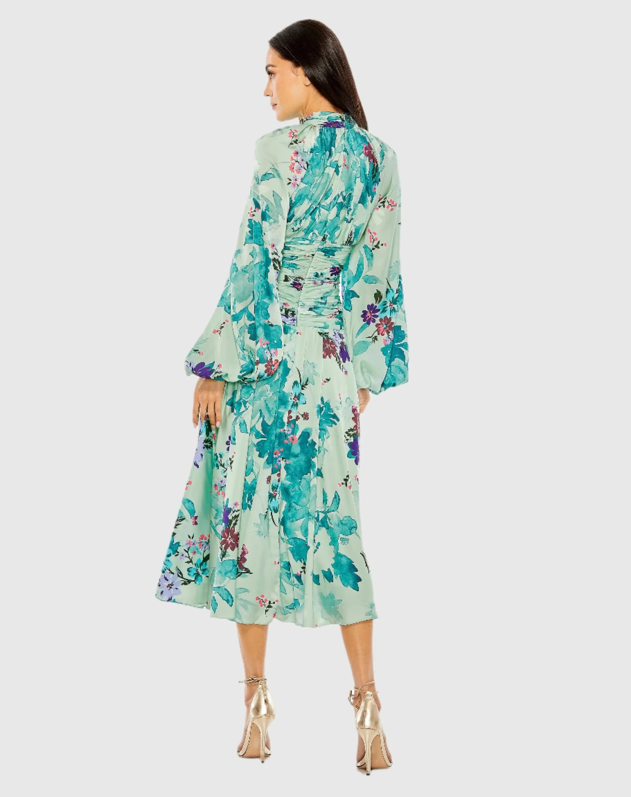 Green Keyhole Satin Long Sleeve Floral Dress-Myartka