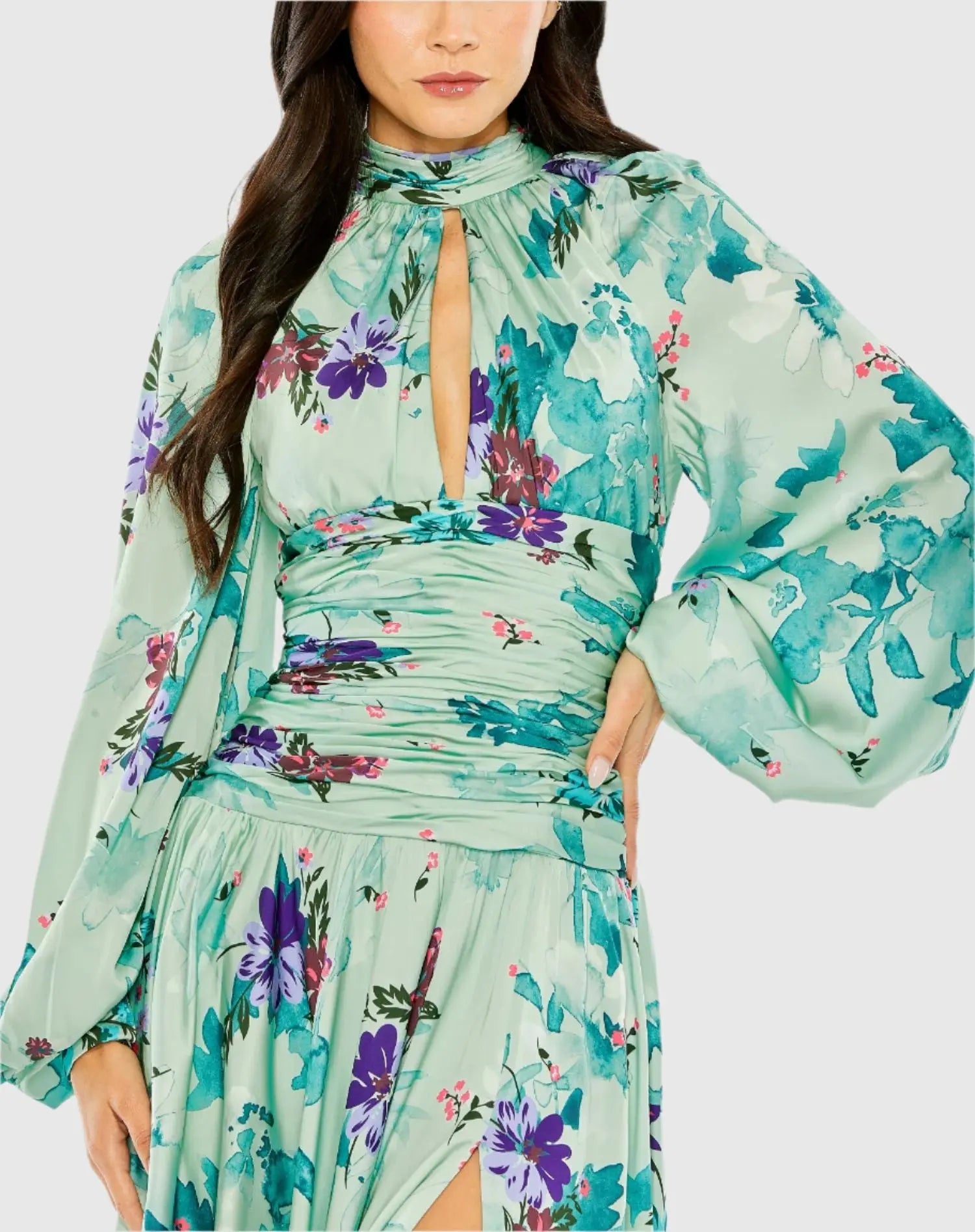 Green Keyhole Satin Long Sleeve Floral Dress-Myartka