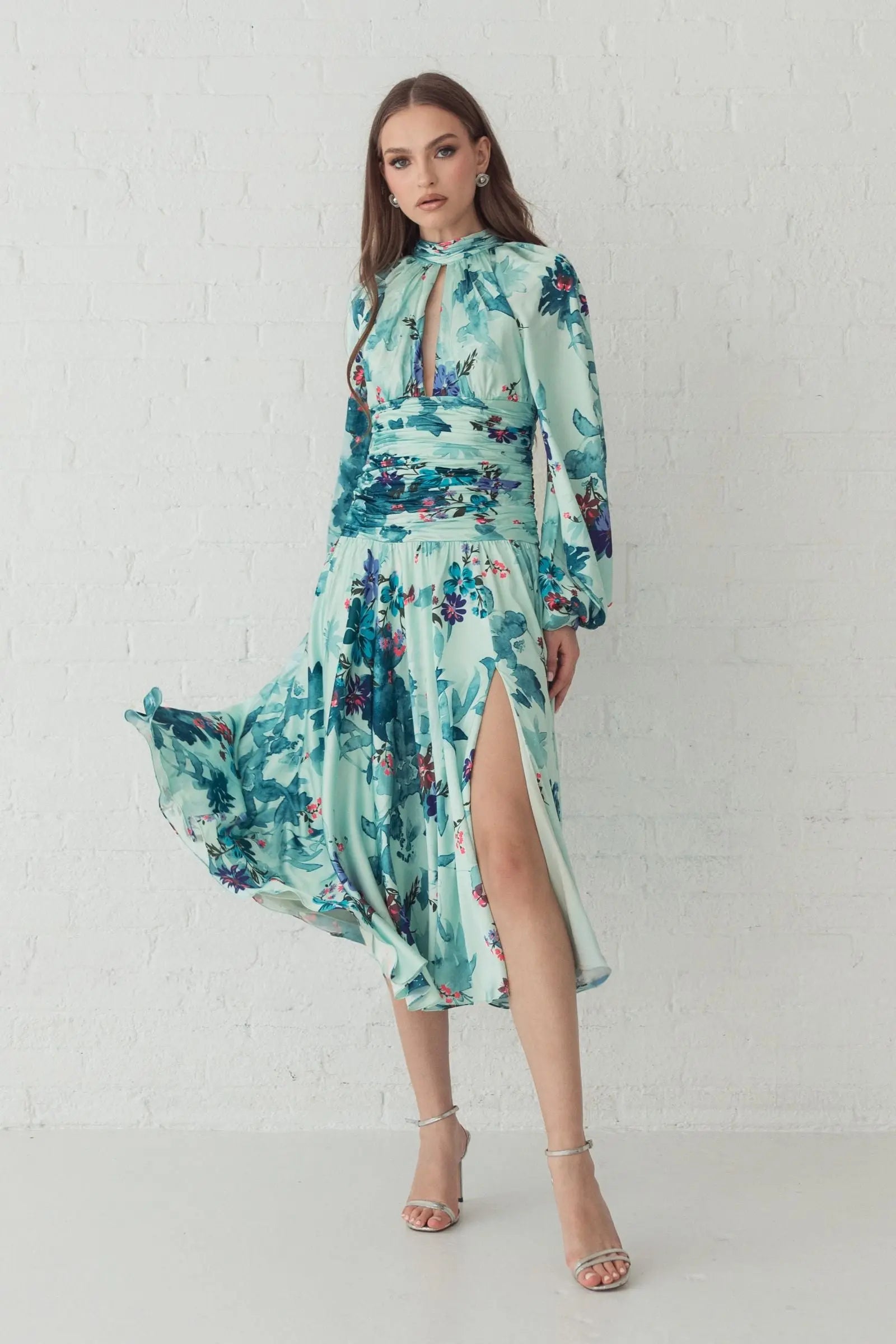 Green Keyhole Satin Long Sleeve Floral Dress-Myartka