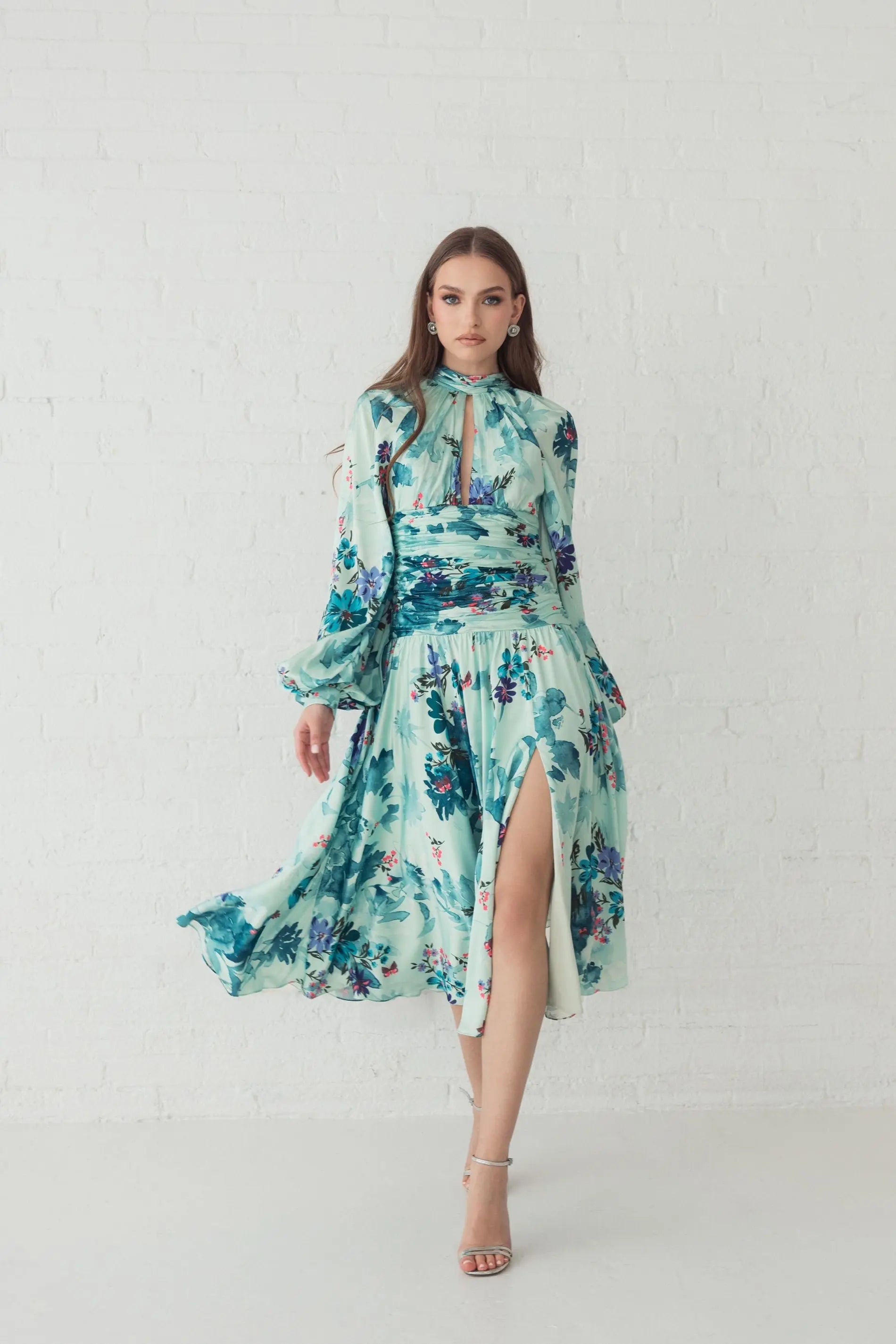Green Keyhole Satin Long Sleeve Floral Dress-Myartka