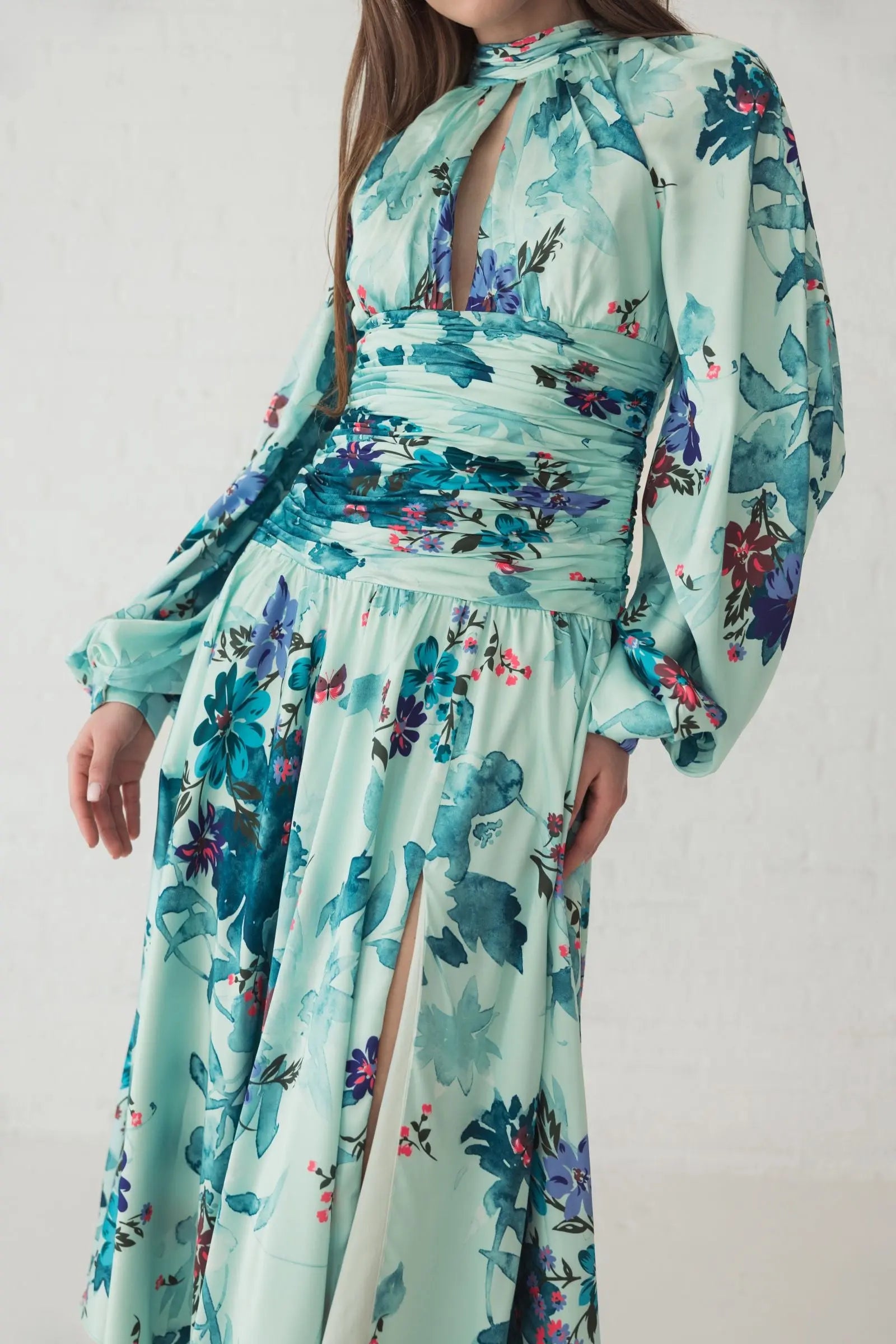 Green Keyhole Satin Long Sleeve Floral Dress-Myartka