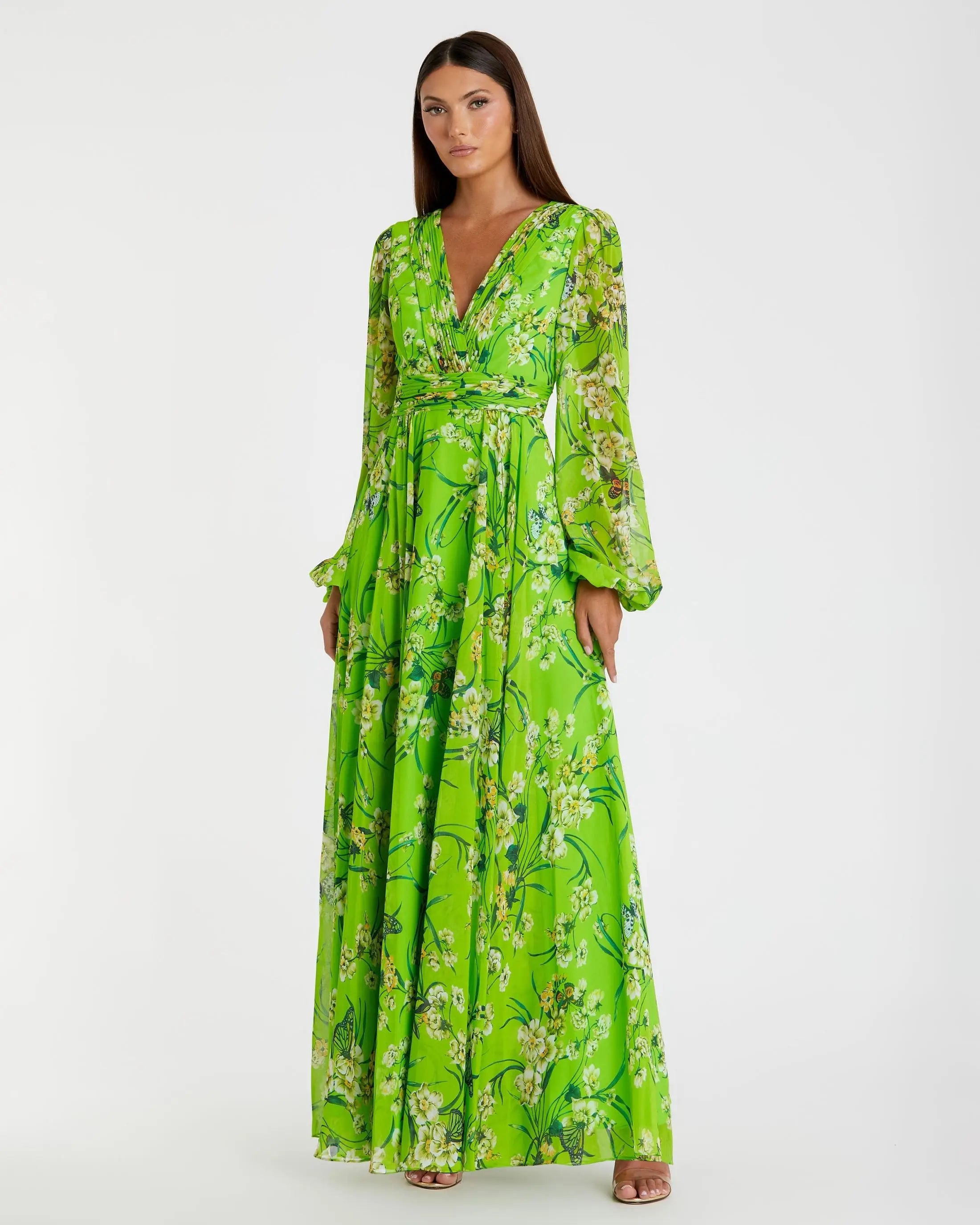 Green Puff Sleeve Floral Chiffon Gown-Myartka