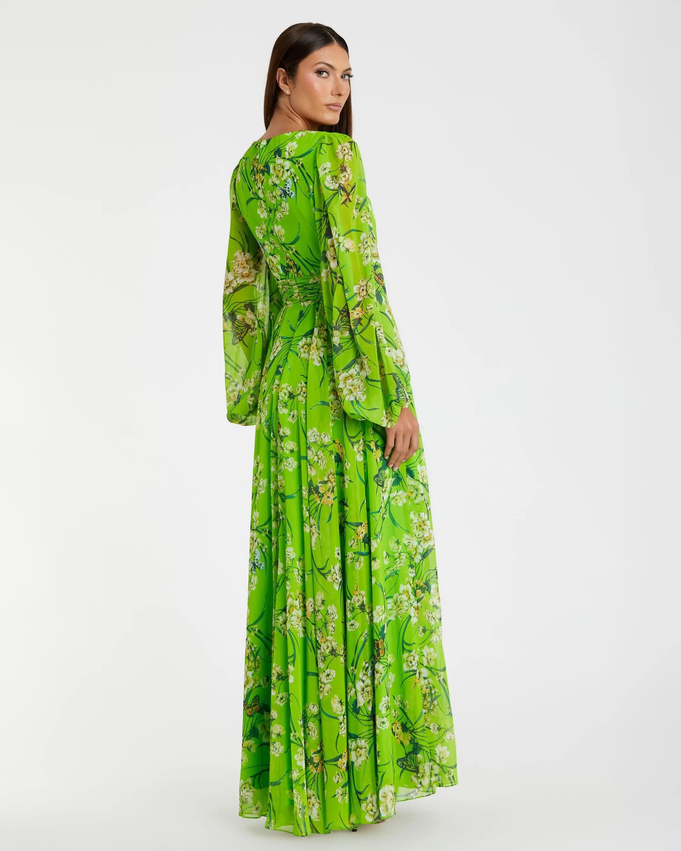 Green Puff Sleeve Floral Chiffon Gown-Myartka