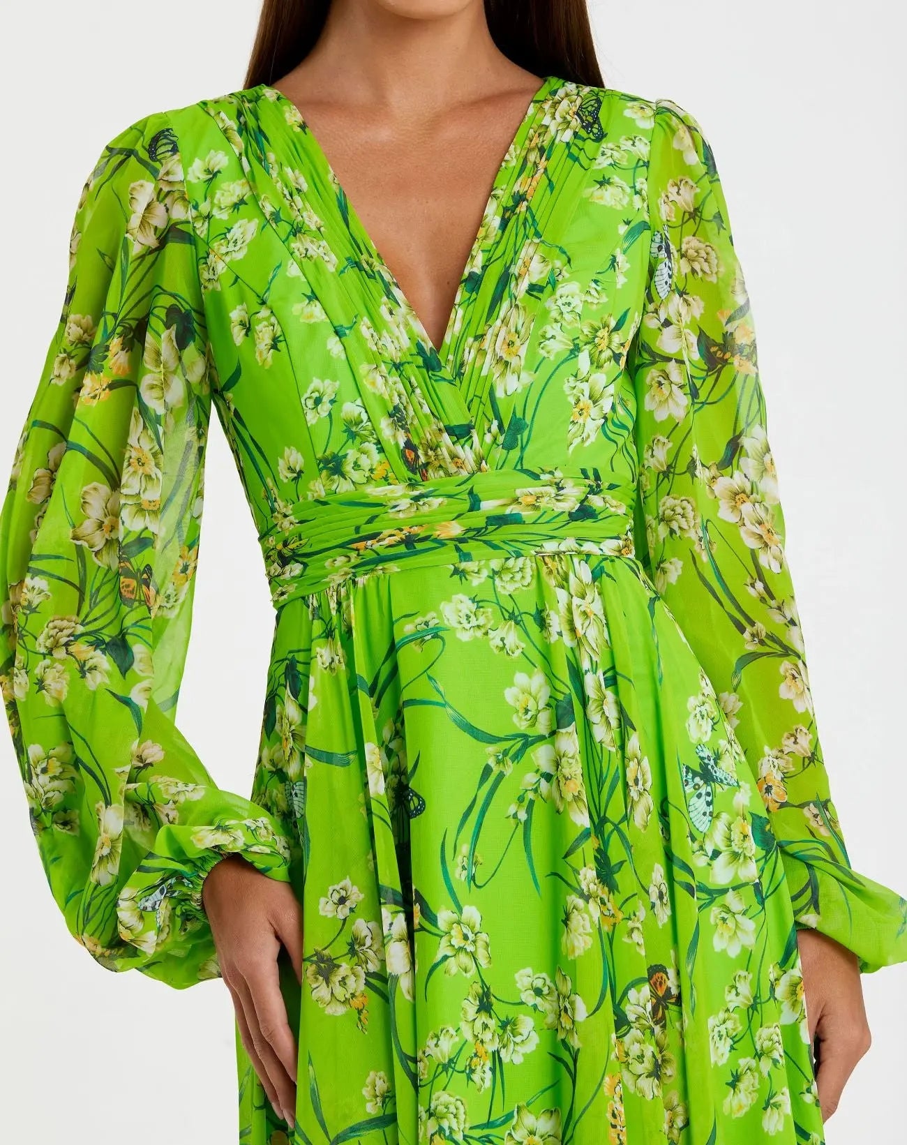 Green Puff Sleeve Floral Chiffon Gown-Myartka